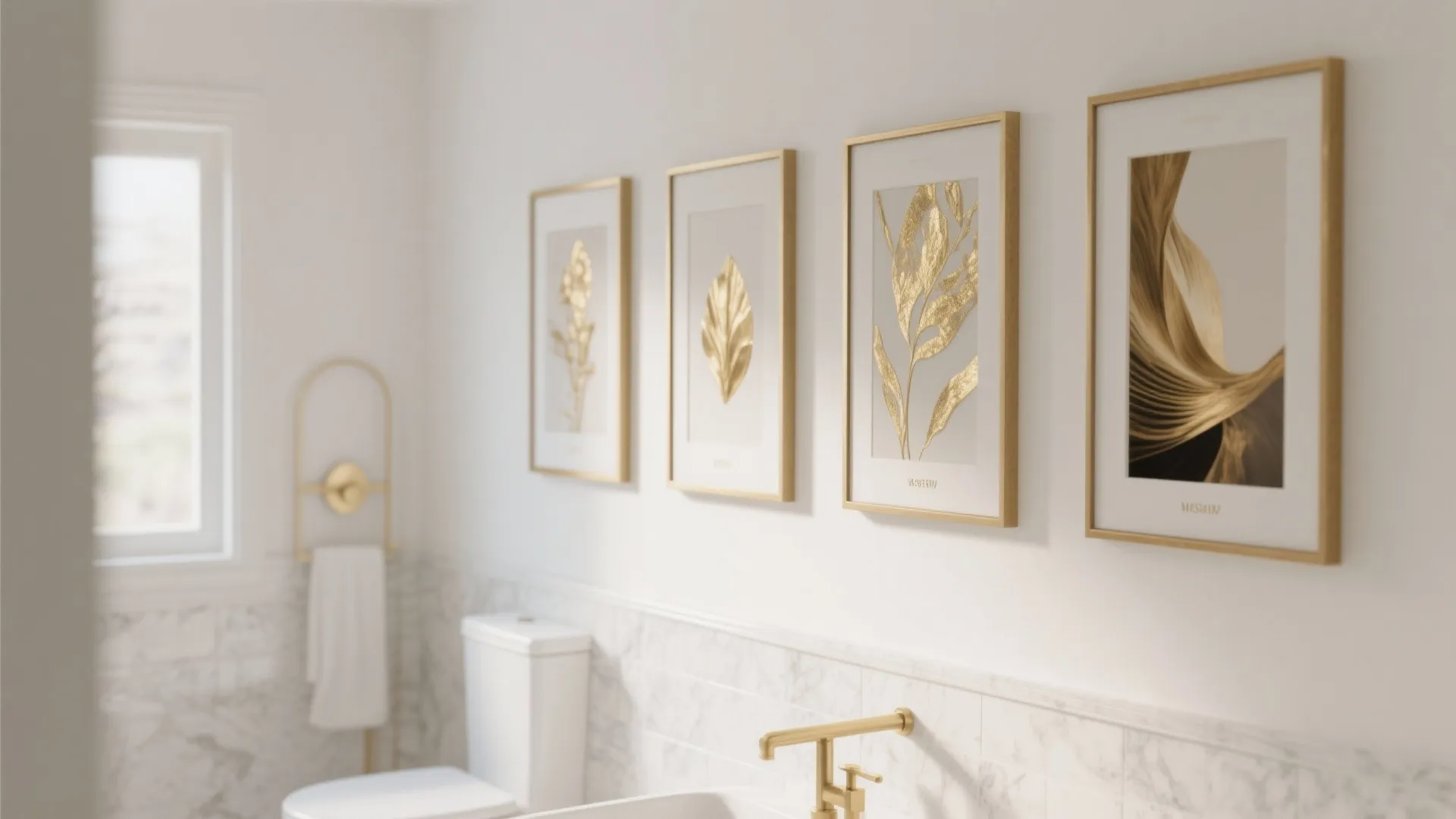 Row of four gold framed art pieces on white wall above marble tiles in bathroom