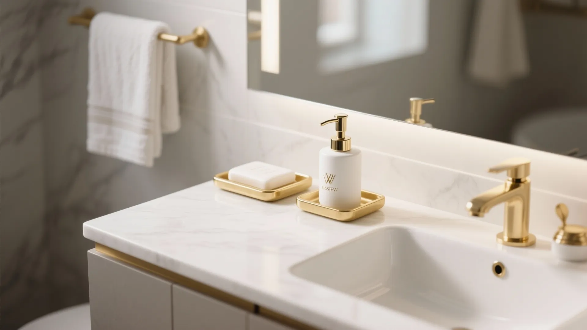 Modern white marble bathroom vanity with gold faucet soap dispenser soap dish and hanging towel