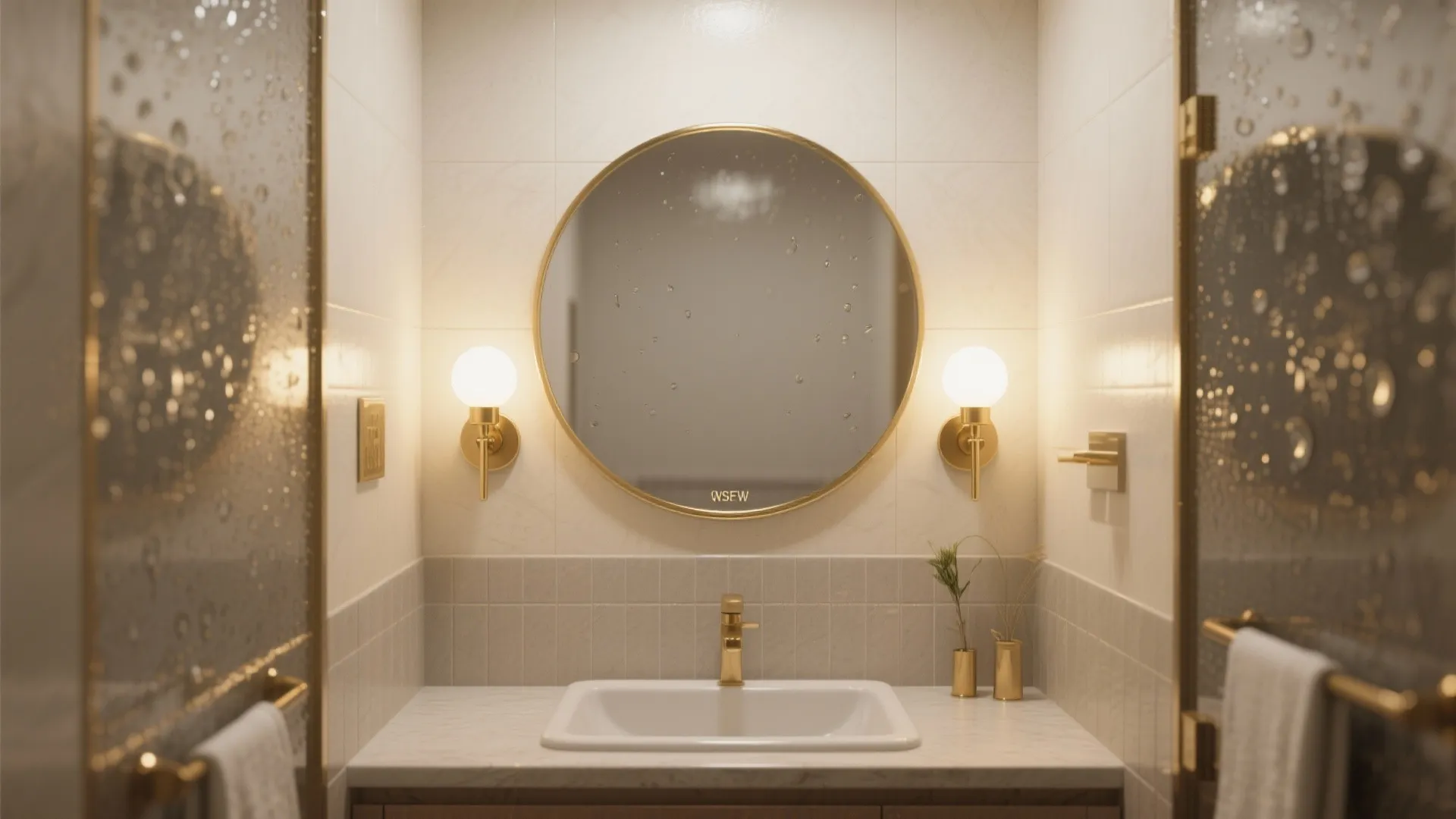 5. Mirror-Mounted Gold Lights in Bathrooms