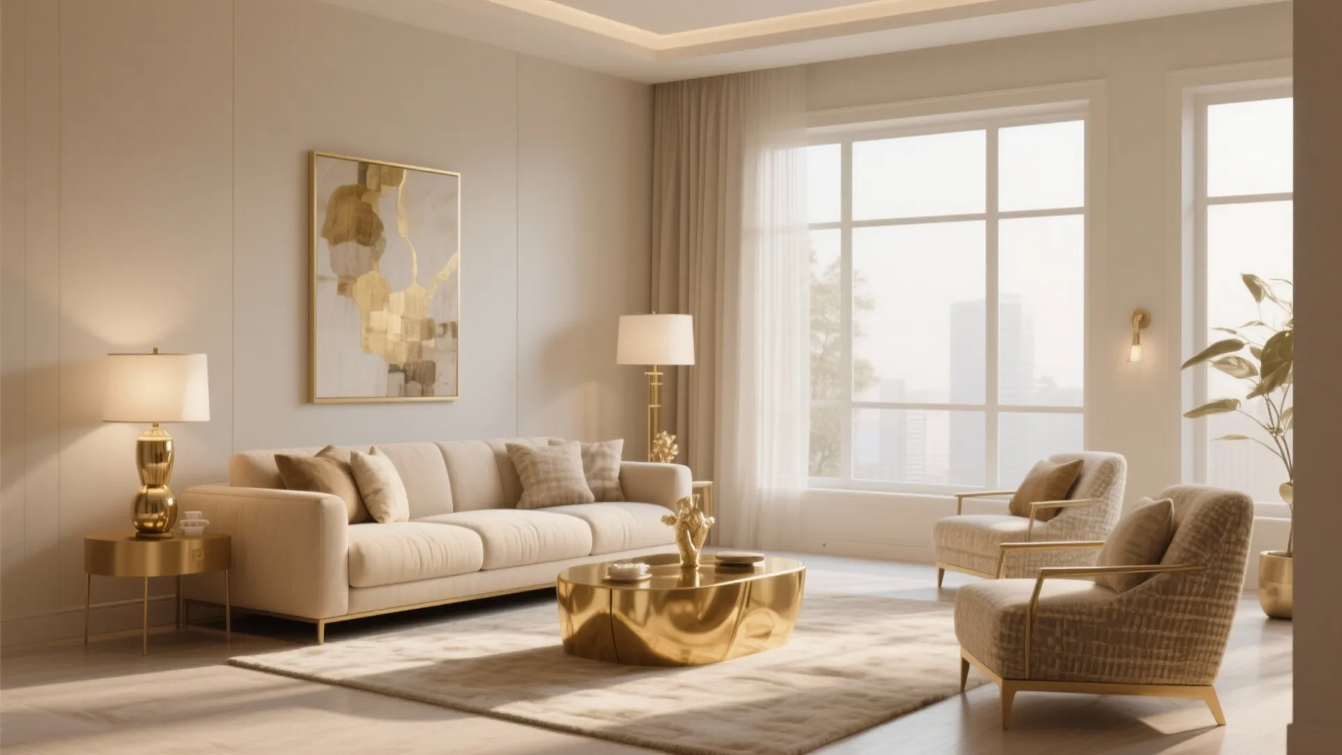 Modern living room with beige sofa gold coffee table two armchairs and large bright window