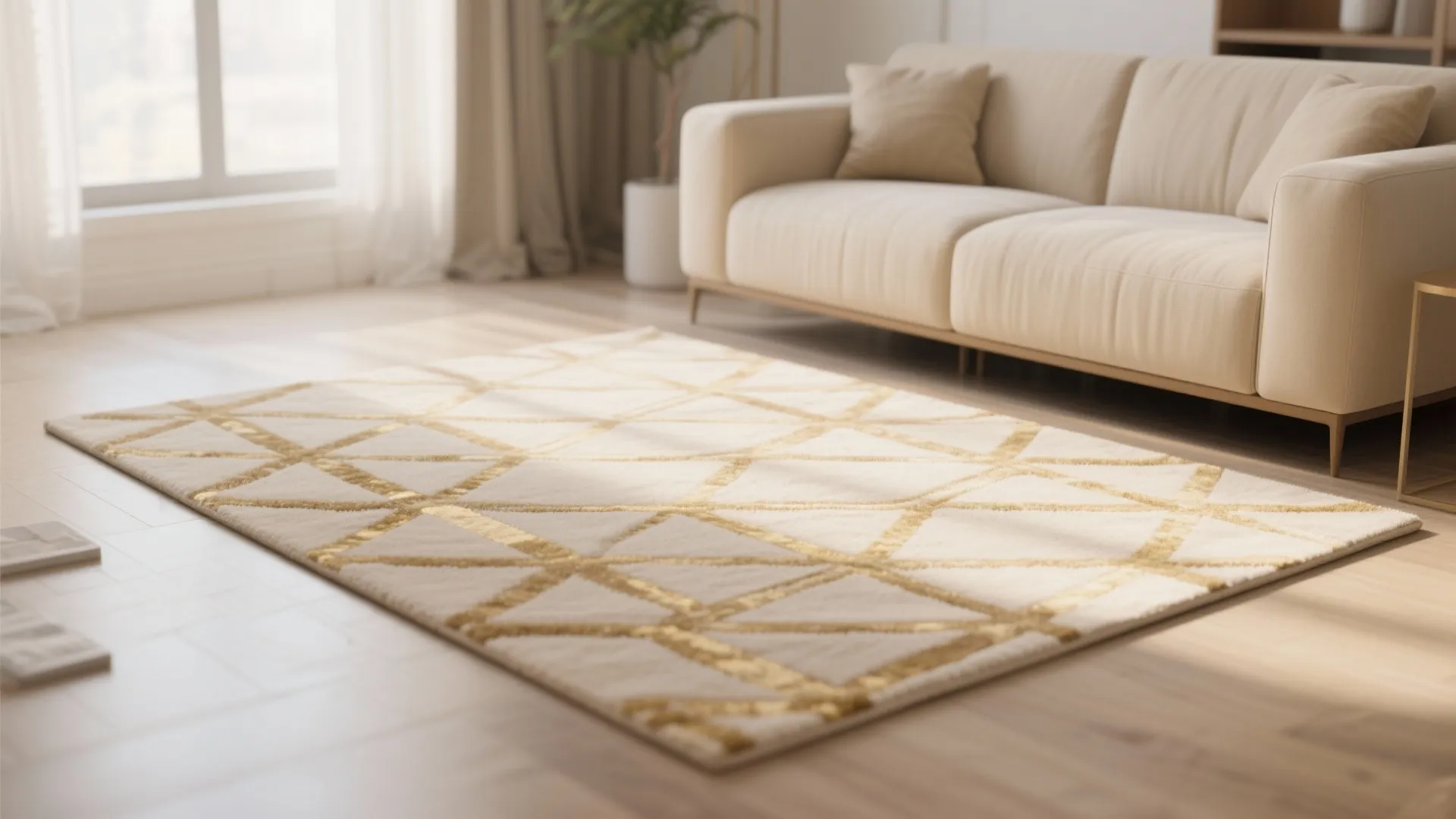 Beige rug with gold geometric pattern on wooden floor near cream colored living room sofa
