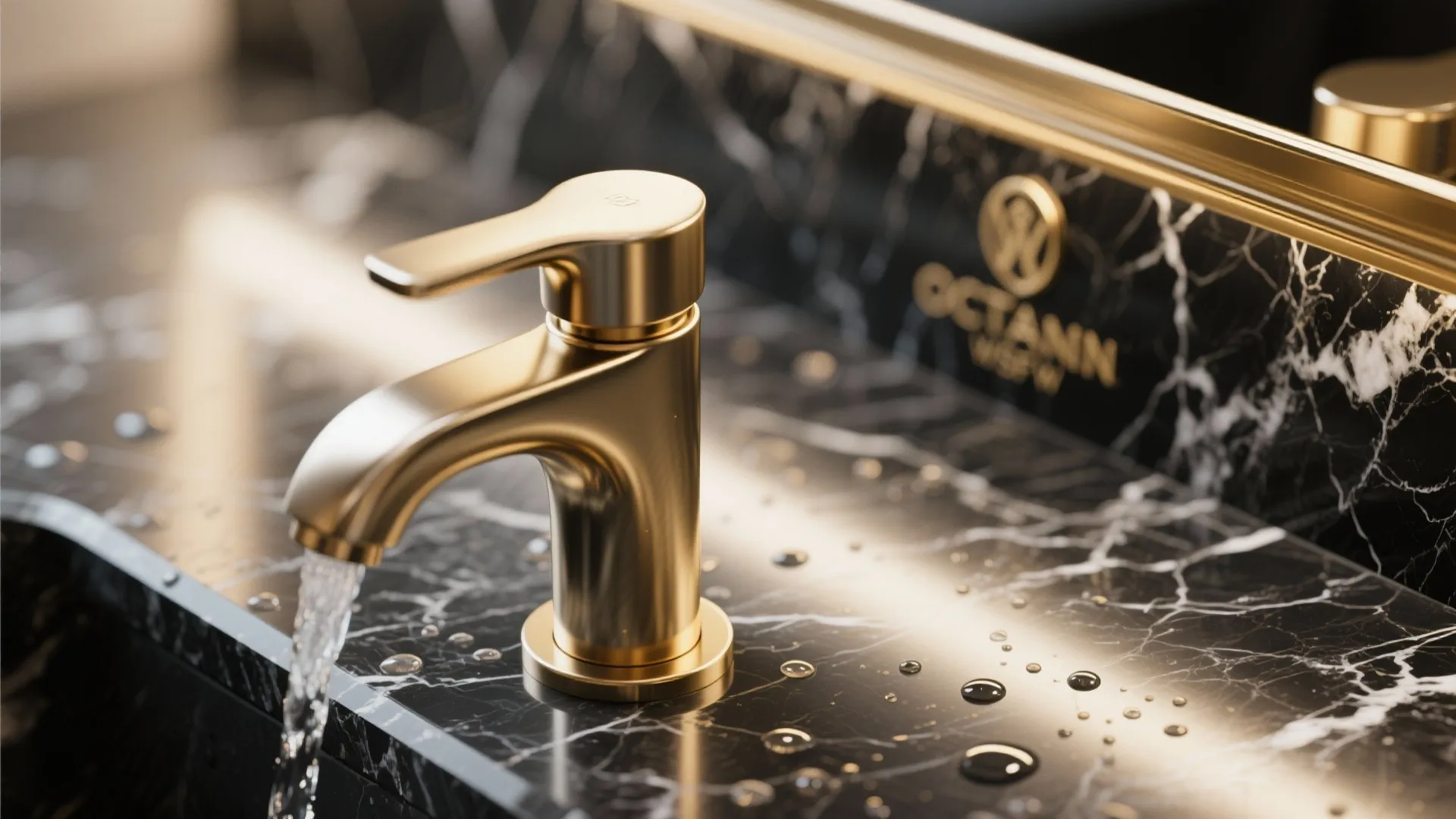 Modern gold water tap on black marble bathroom counter with water flowing into the sink