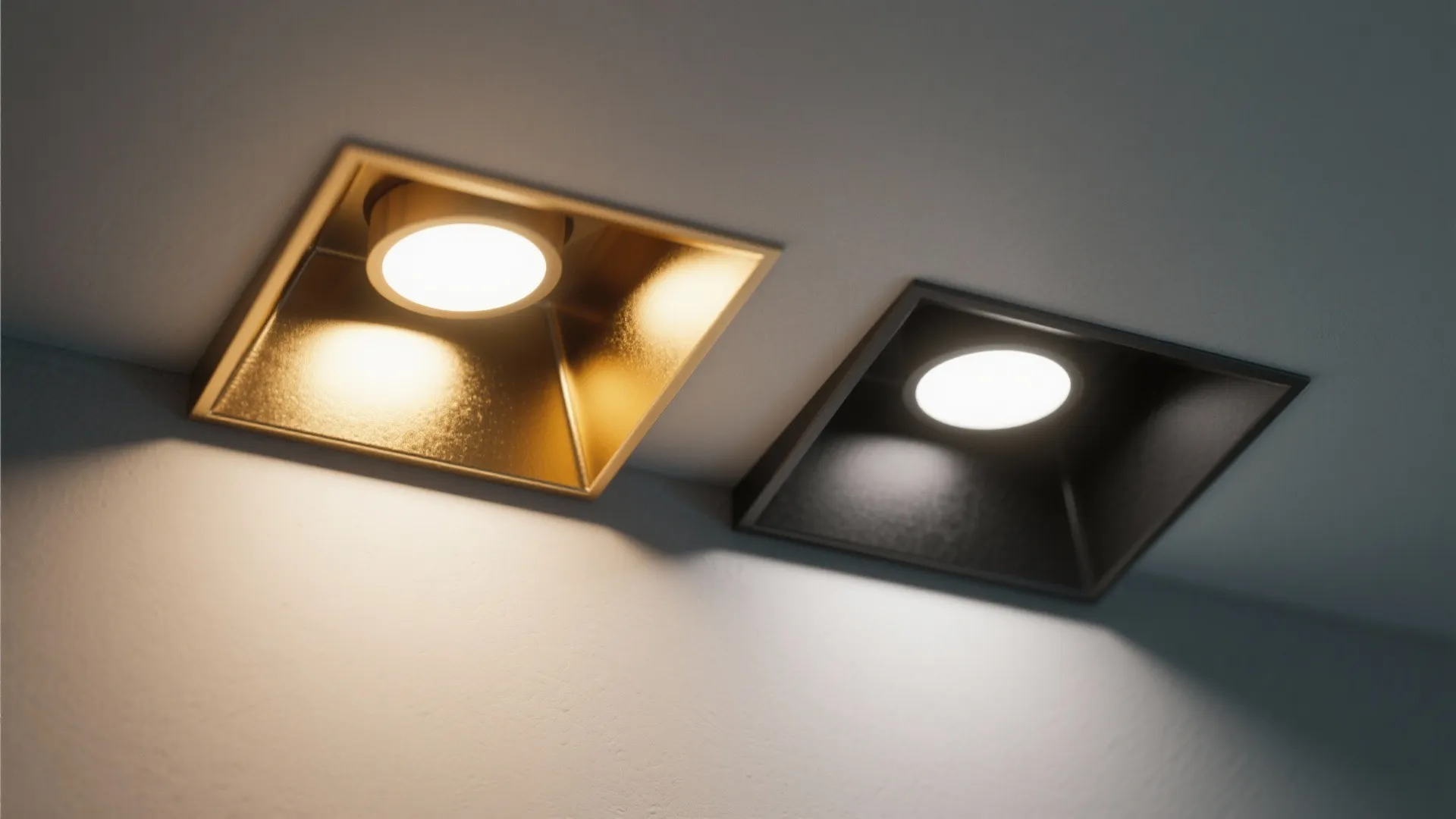 Two square recessed ceiling light fixtures with gold and black interiors showing warm bright light glows