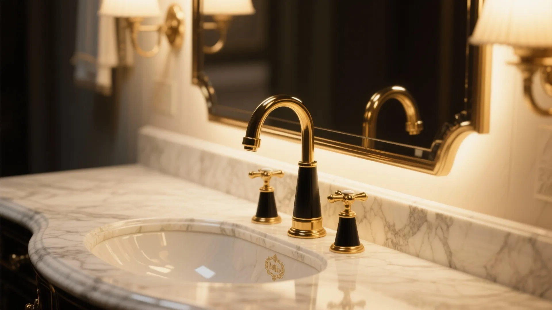 Luxury bathroom vanity featuring a gold water tap with black base on white marble countertop surface