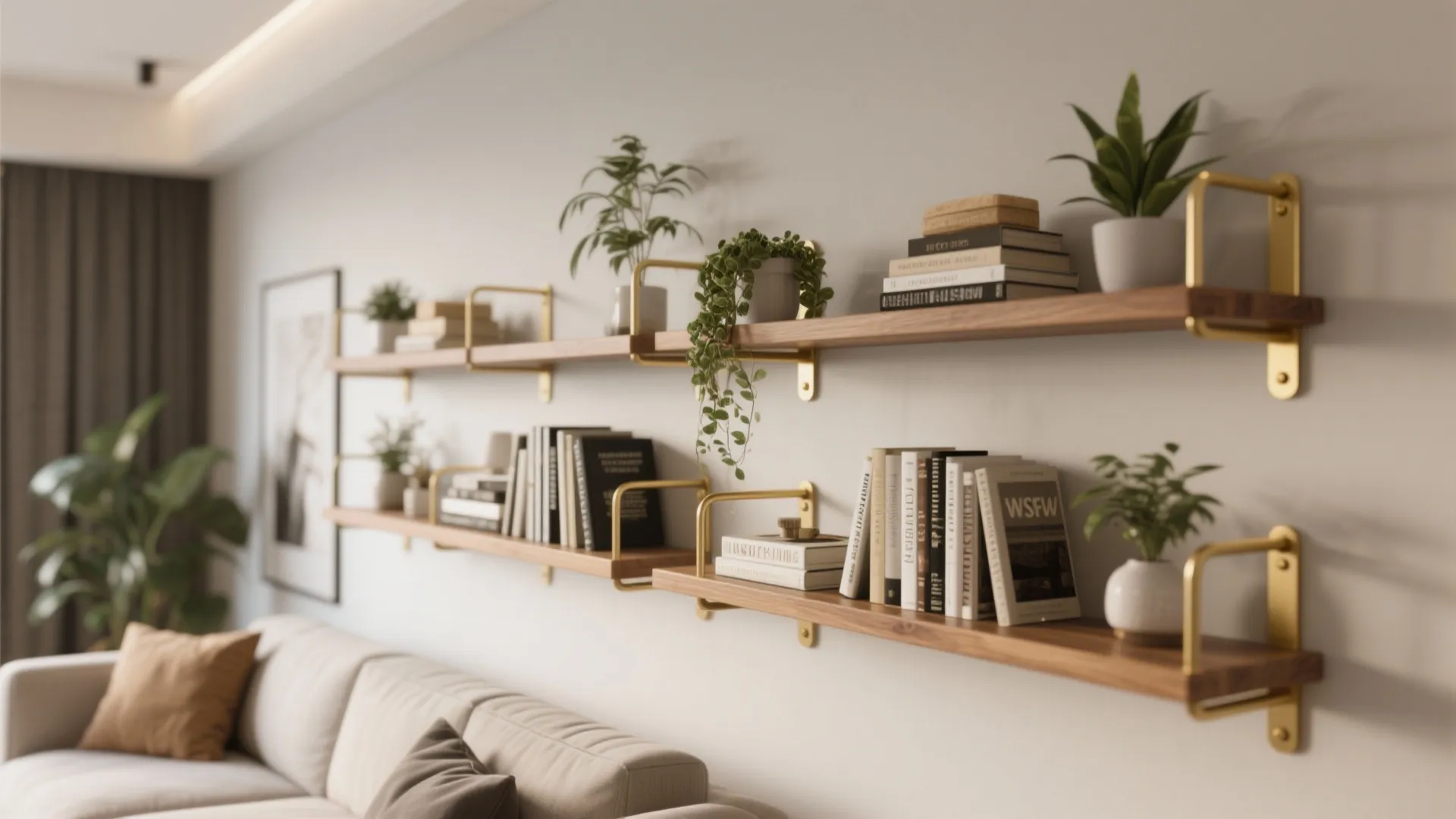 9. Floating Shelves with Gold Brackets