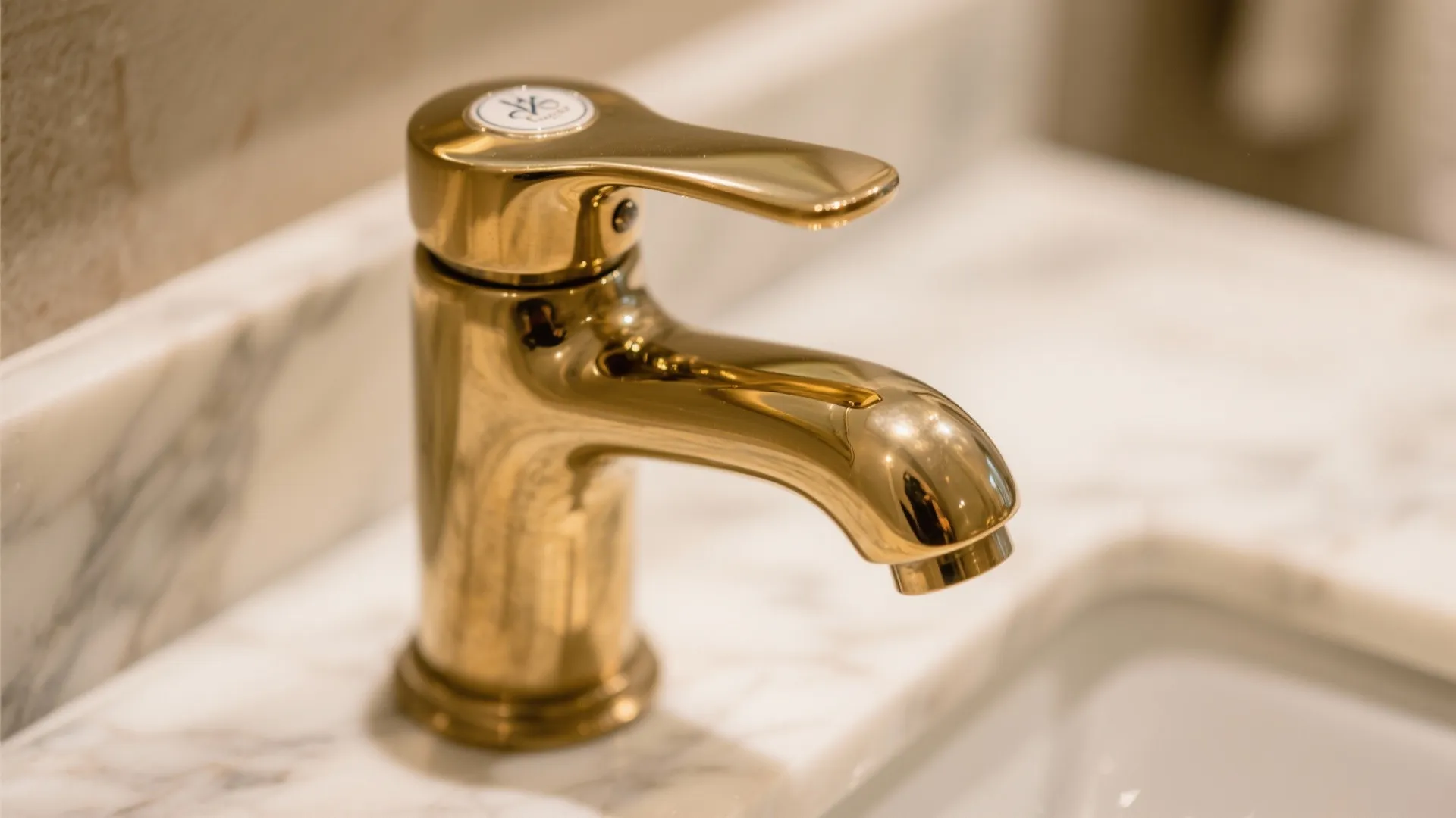 Polished gold faucet sitting on a white marble countertop in a bright and modern bathroom