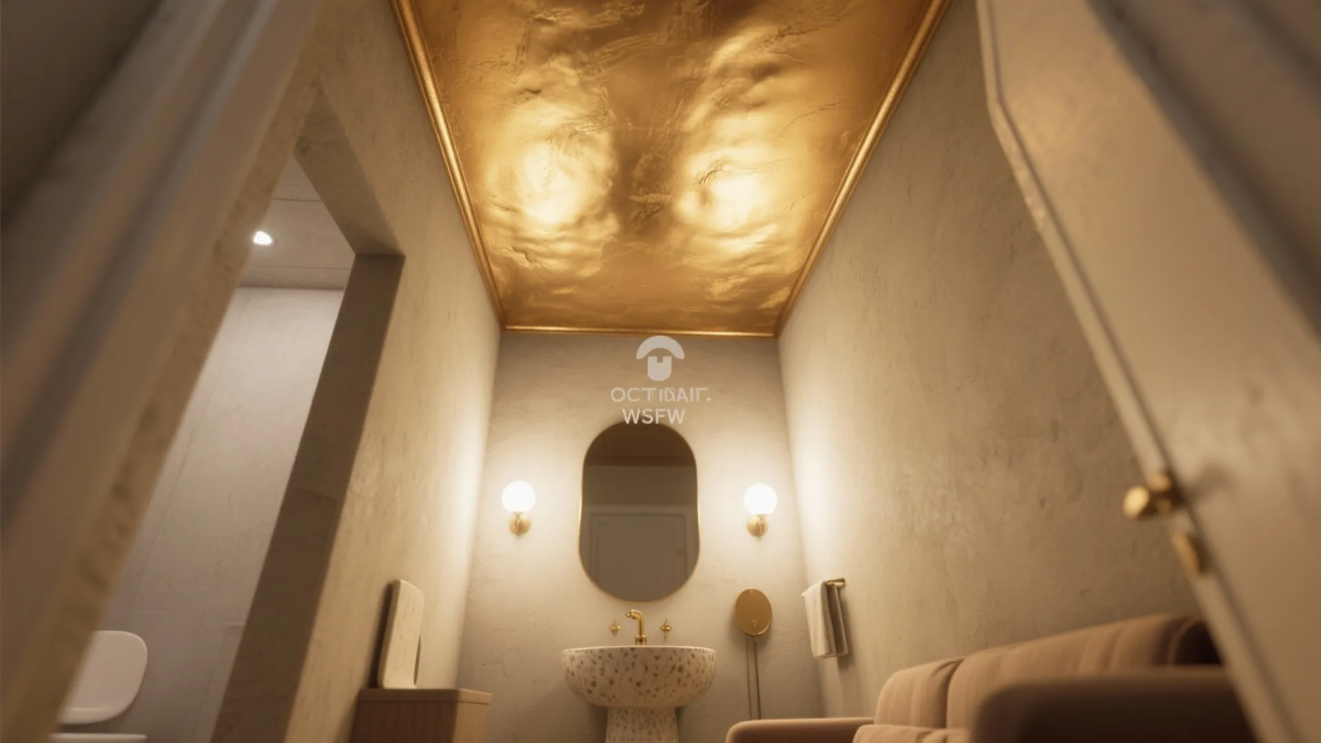 Small powder room with a soft metallic gold ceiling and warm ambient lighting for a cozy glow.
