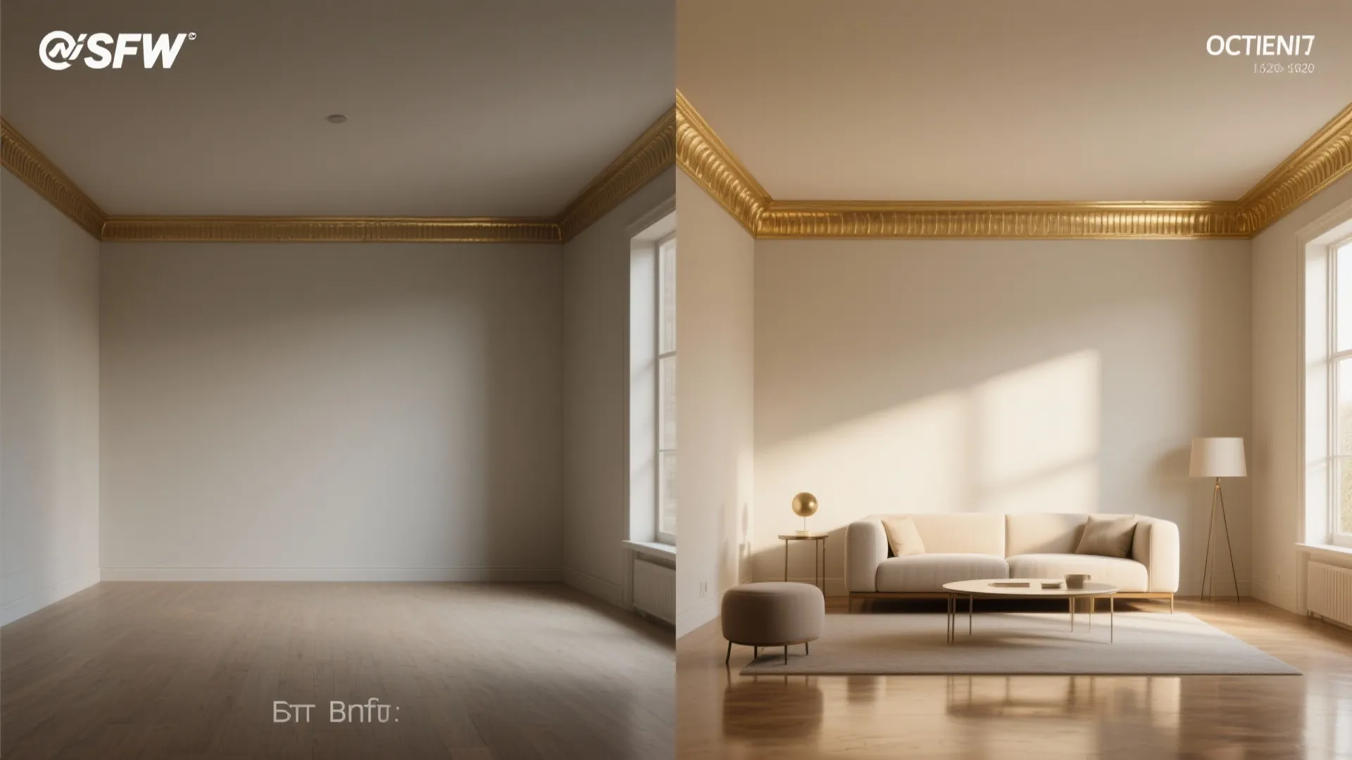 Before and after comparison of an empty room versus a furnished living room with gold trim