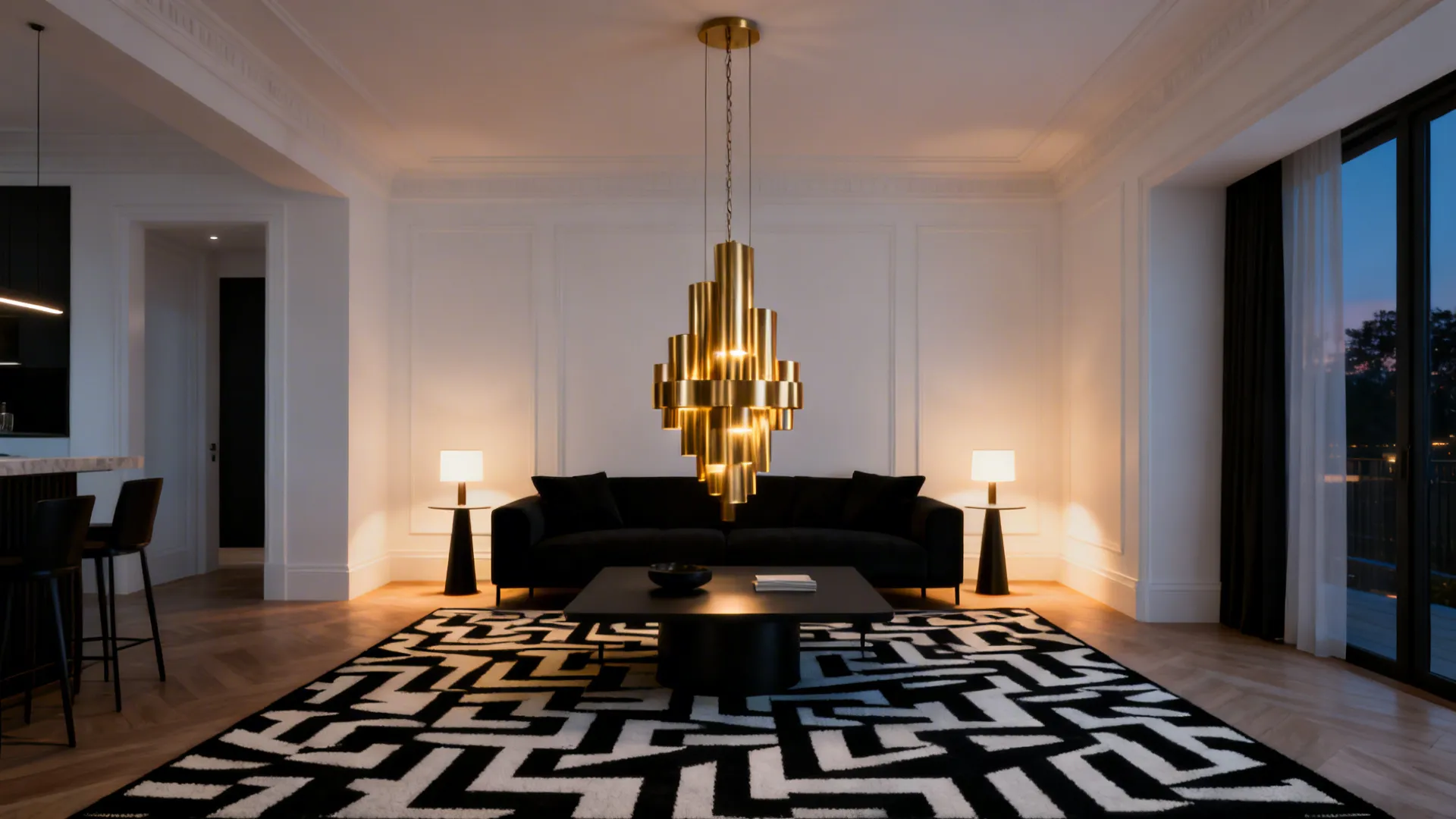 Elegant living room with black sofa large gold ceiling light patterned rug and warm floor
