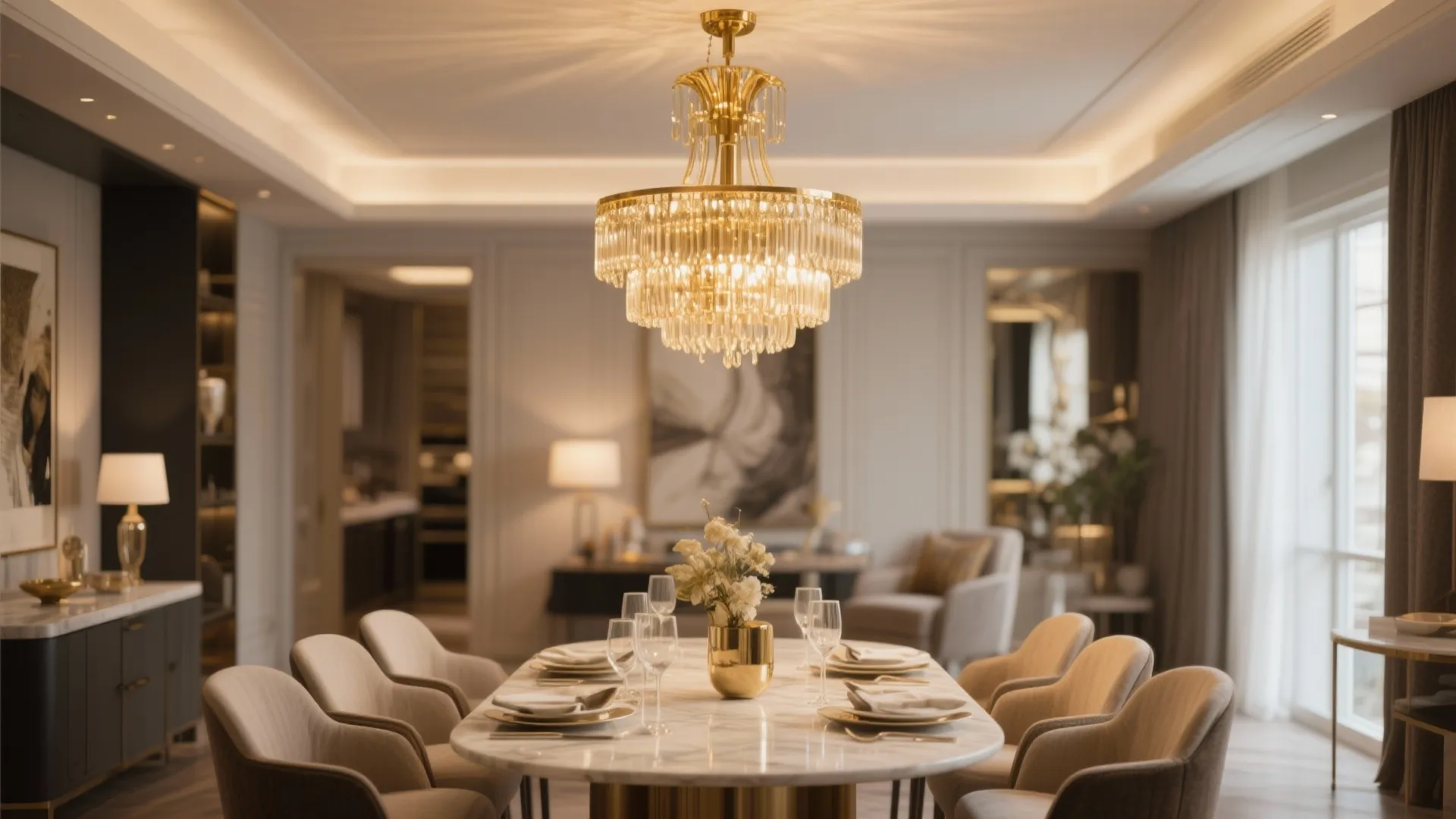 Modern luxury dining area featuring a marble table gold ceiling light beige chairs and wall lights