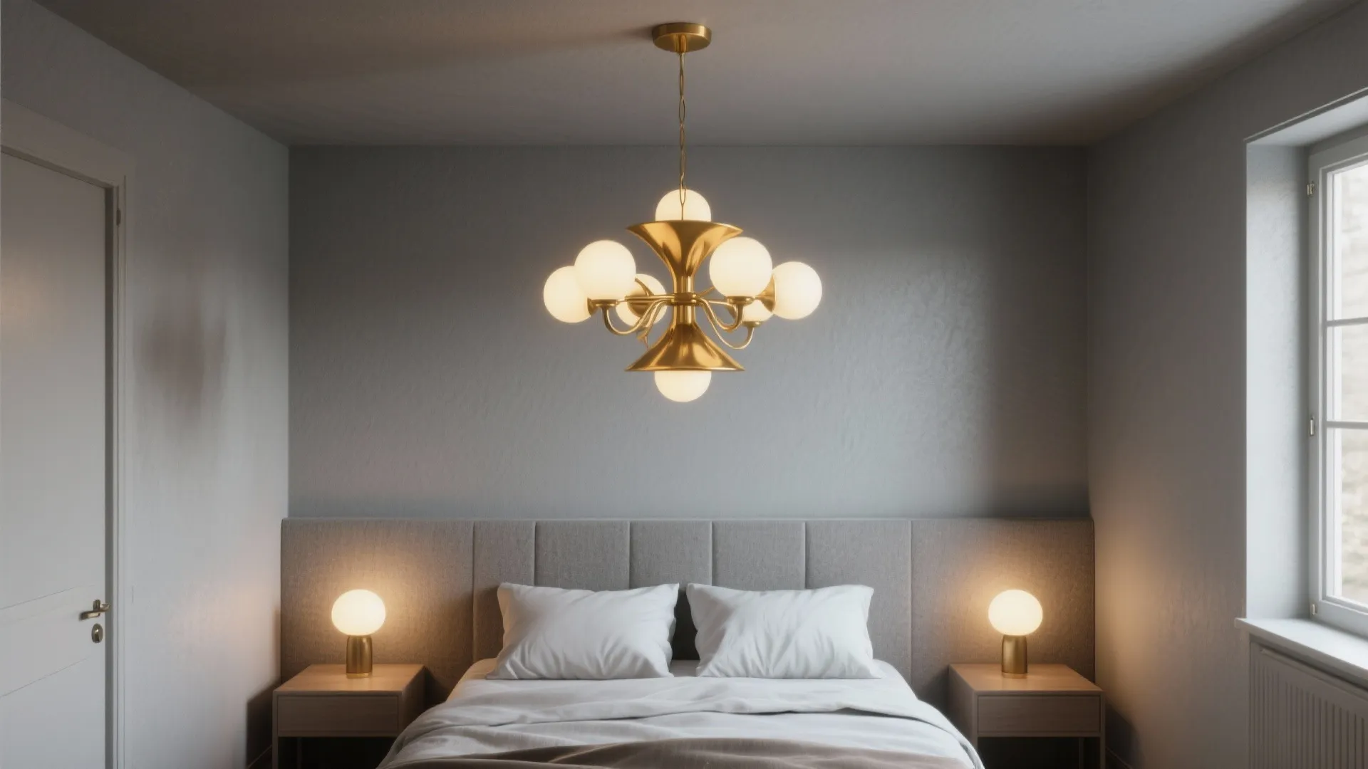 Small bedroom with mid-century gold chandelier over the bed