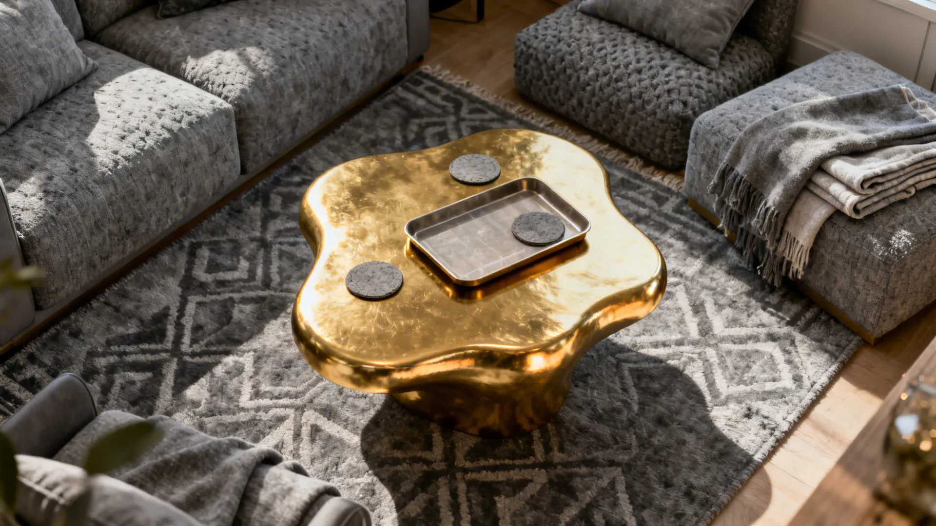 4. Accent Gold Coffee Table with Textured Greys