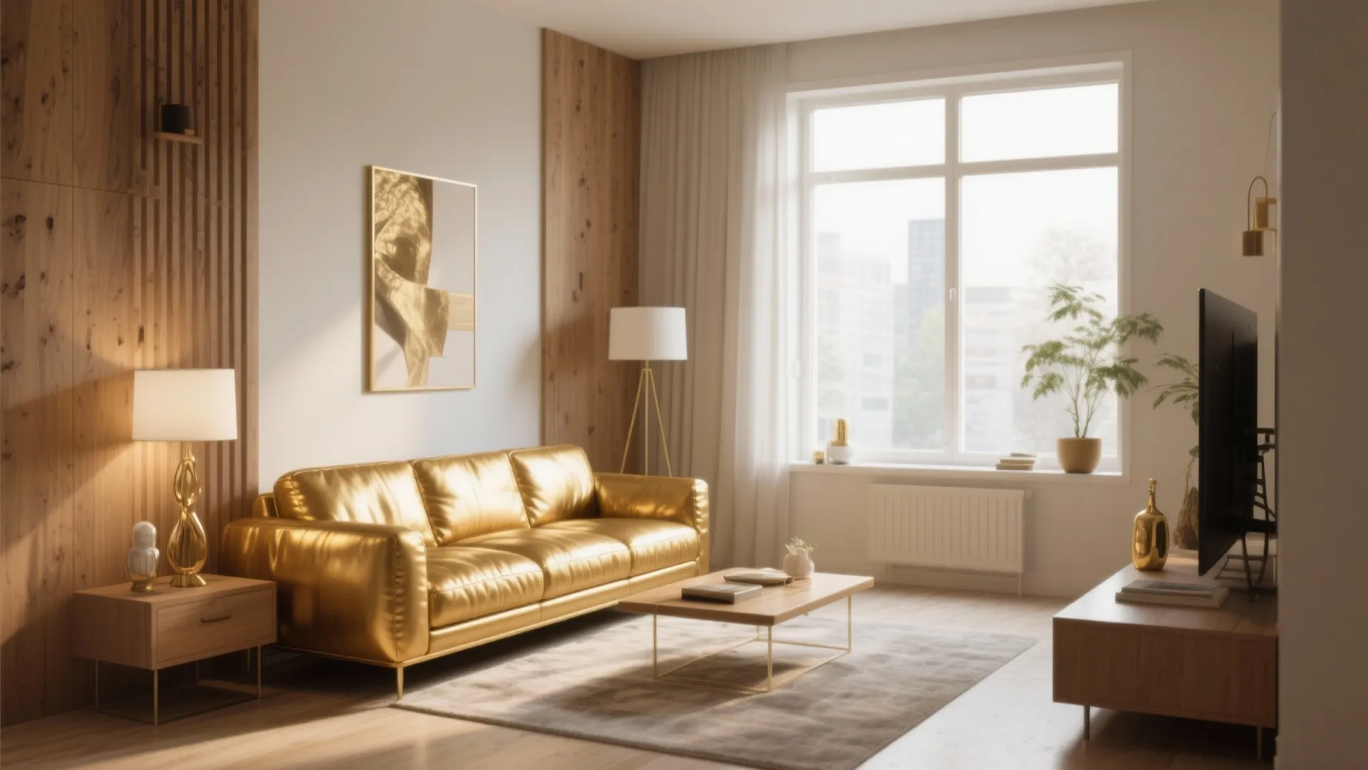 Modern living room with gold sofa, wooden wall panel, coffee table, rug, window, and warm light