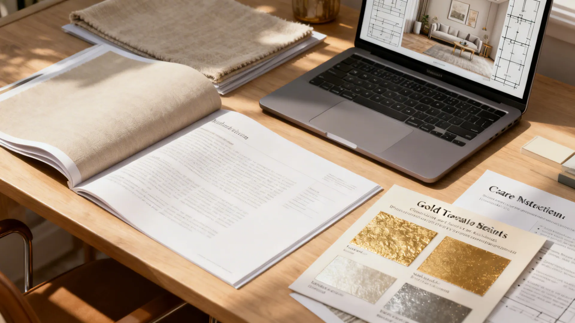 Designer desk with material guides, room planner mockup, and gold leaf care notes.