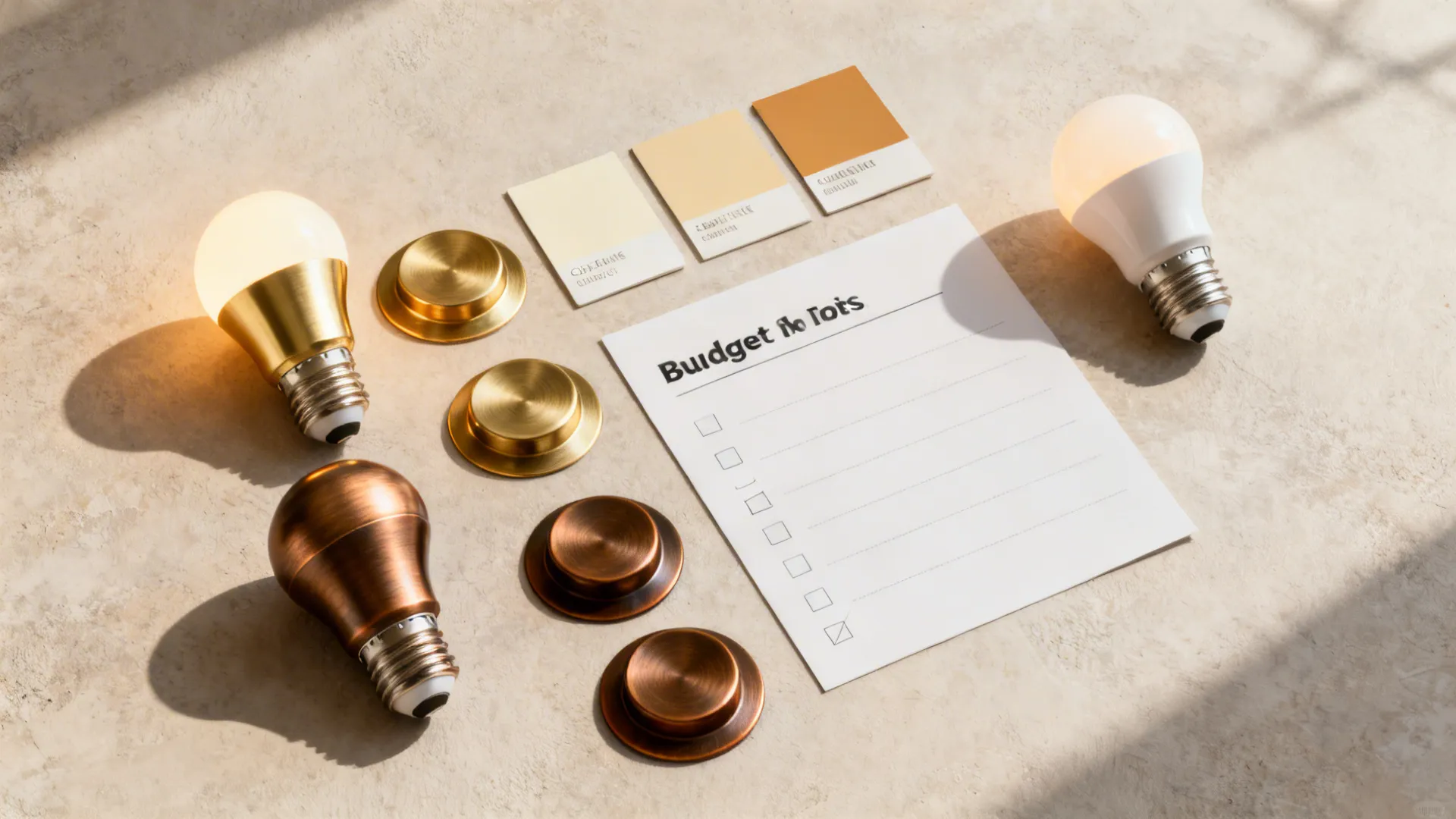 Flatlay of warm LED bulbs, metal finish swatches, and cream paint chips.