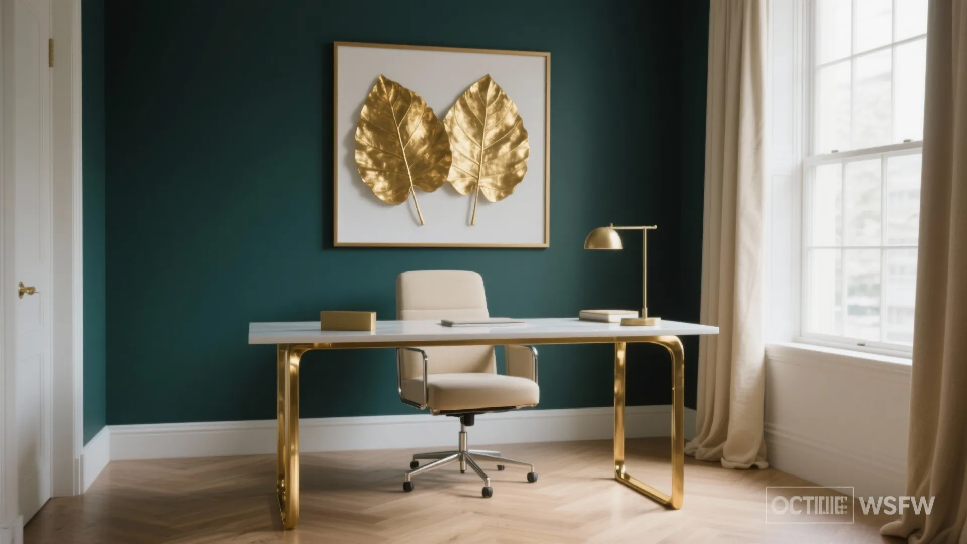 Modern home office featuring dark green walls, gold leaf wall art, and white marble desk