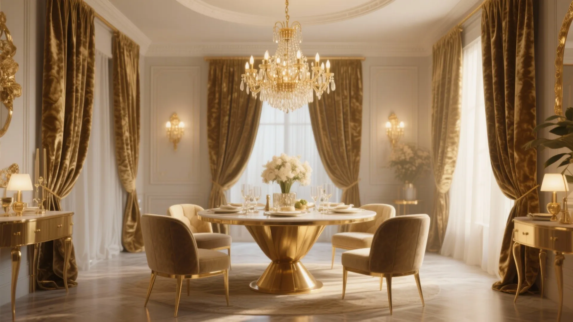 Elegant dining room with round gold table beige chairs large ceiling light and gold velvet curtains