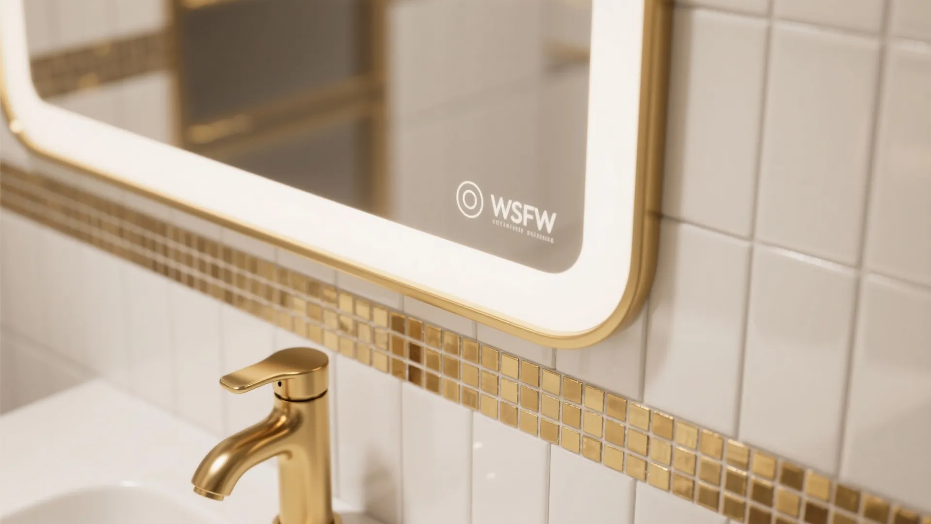 Close-up of bathroom vanity featuring gold faucet white tiles with gold strip and lighted mirror