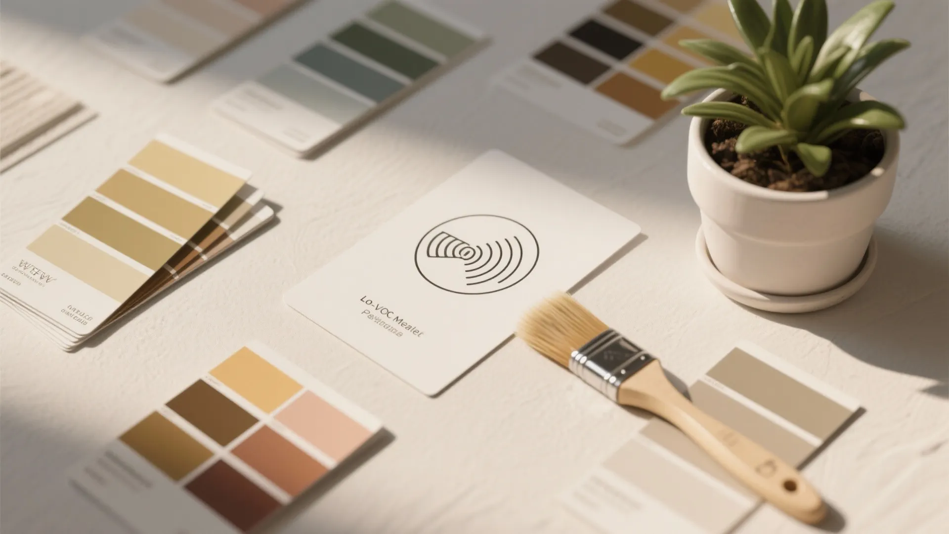 Various paint color sample cards with a paint brush and small green plant on table