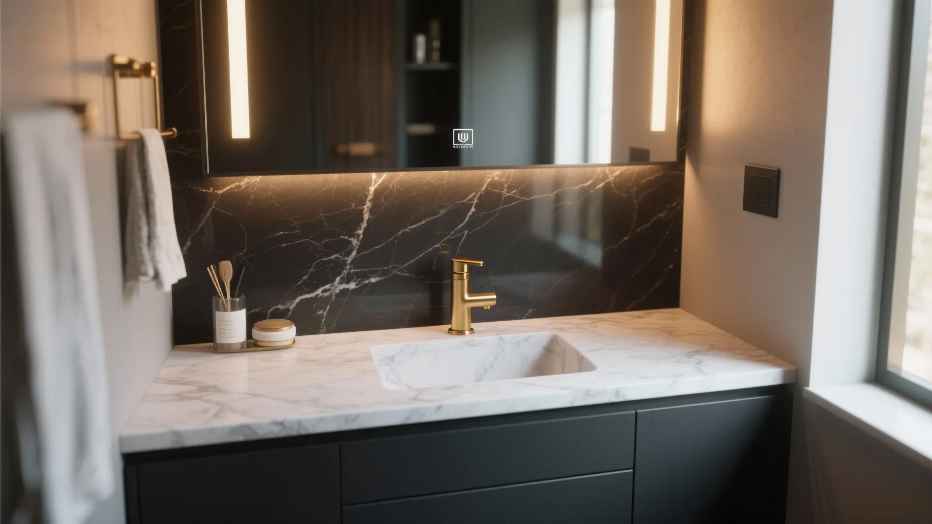 Modern bathroom with gold water tap marble countertop black cabinet mirror and dark wall panel design