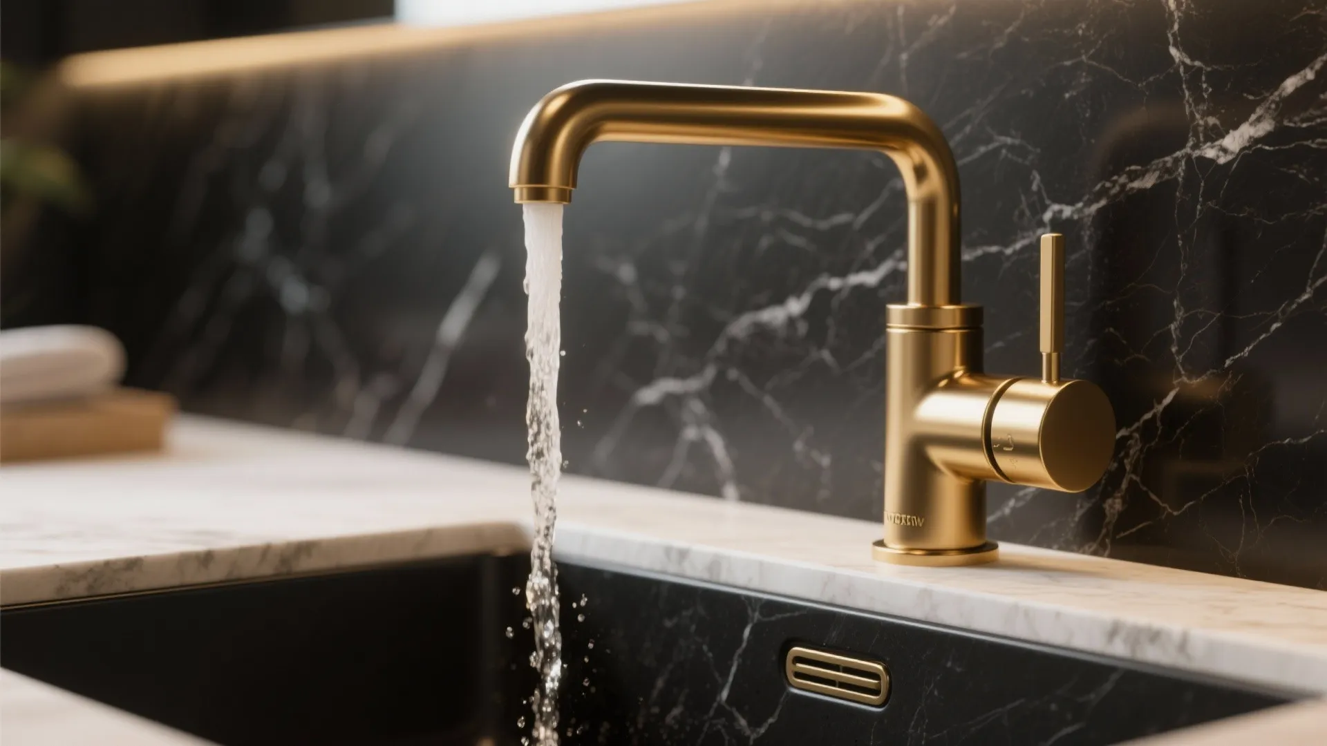 Brushed gold pull-down faucet beside a matte black granite sink showing finish contrast