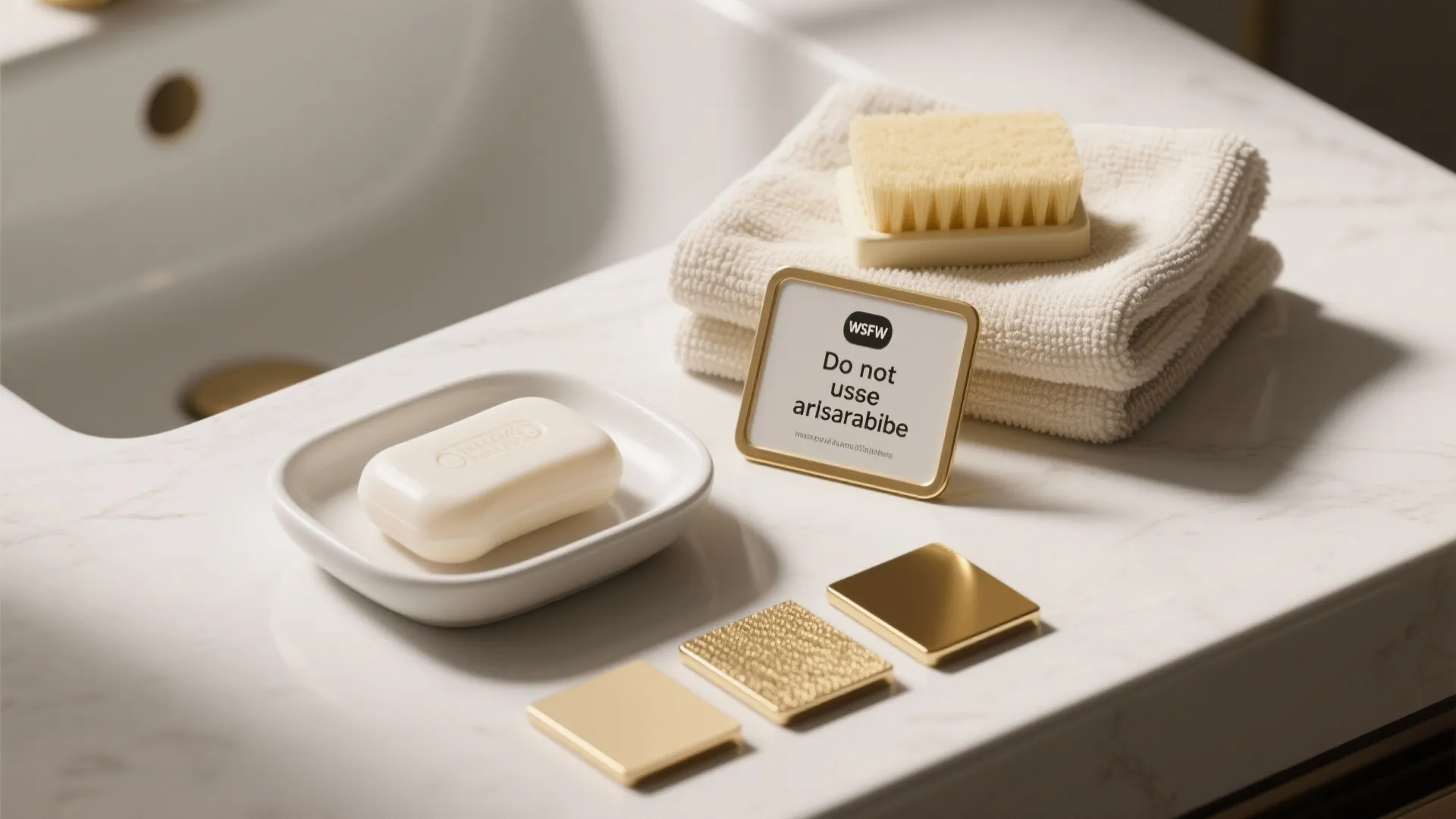 Cleaning cloth, mild soap and three gold finish swatches illustrating care tips for gold faucets.