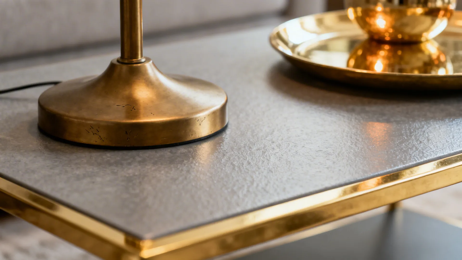 Mixed matte and polished gold finishes on lamp and table in a living room.