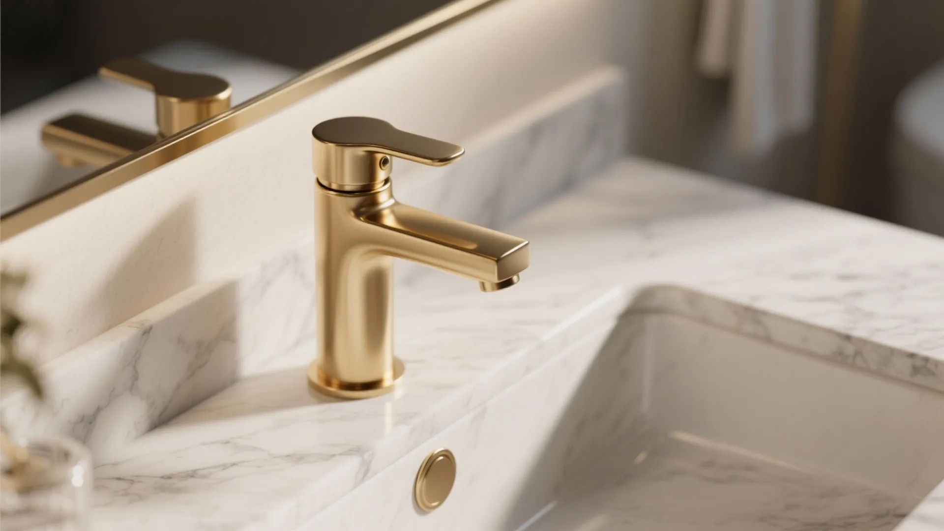 Modern gold water tap on white marble sink inside a luxury bathroom with mirror reflection