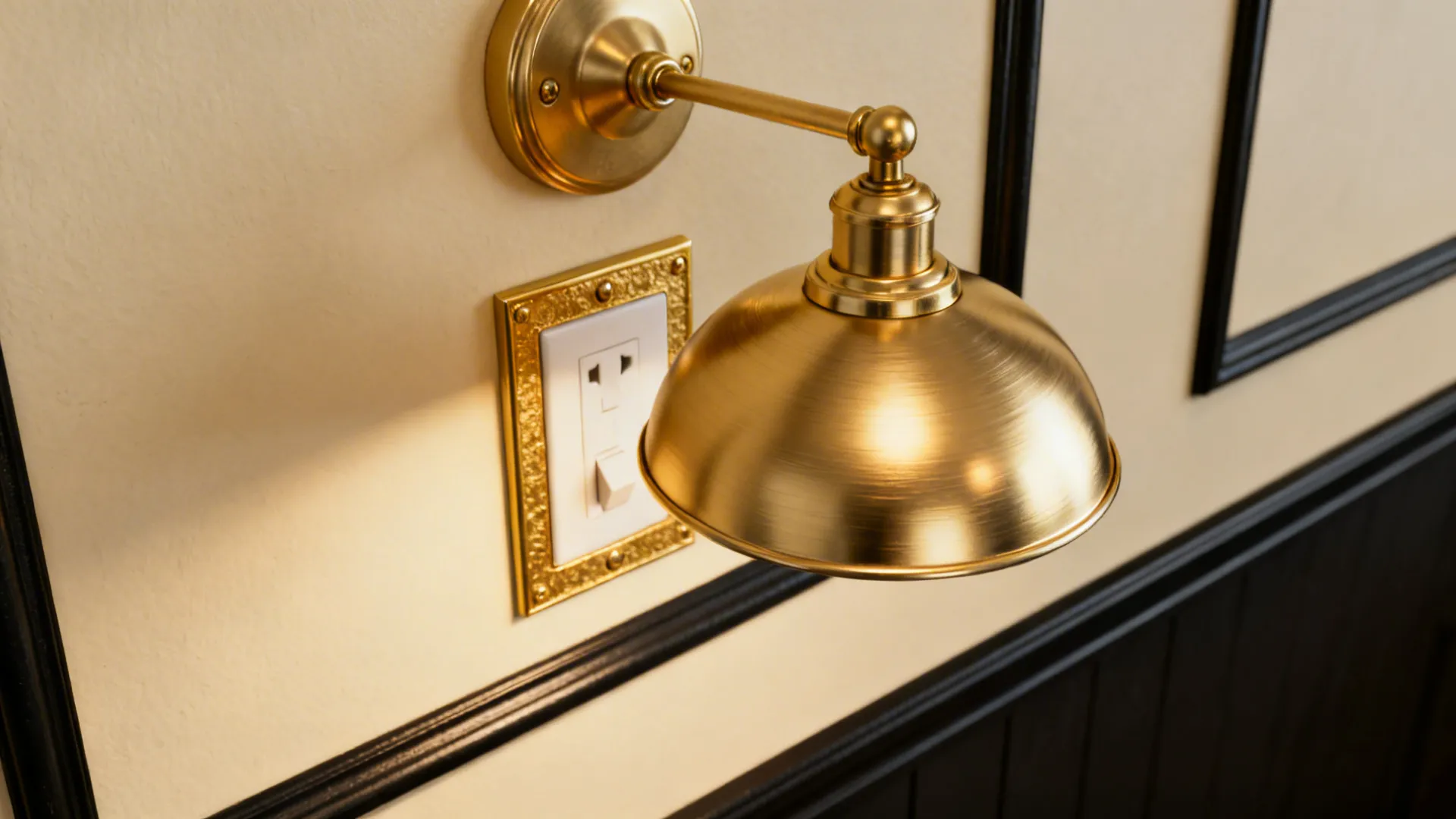 Satin gold pendant and switch plate detail against cream wall.