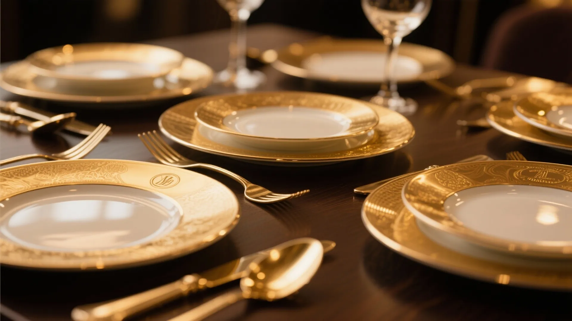 Luxury dining table set with gold patterned plates white napkins golden forks and shining spoons