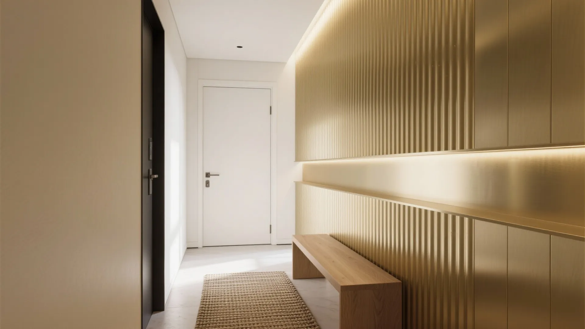 Hallway featuring golden fluted wall panel with lighting wooden bench rug and white room door