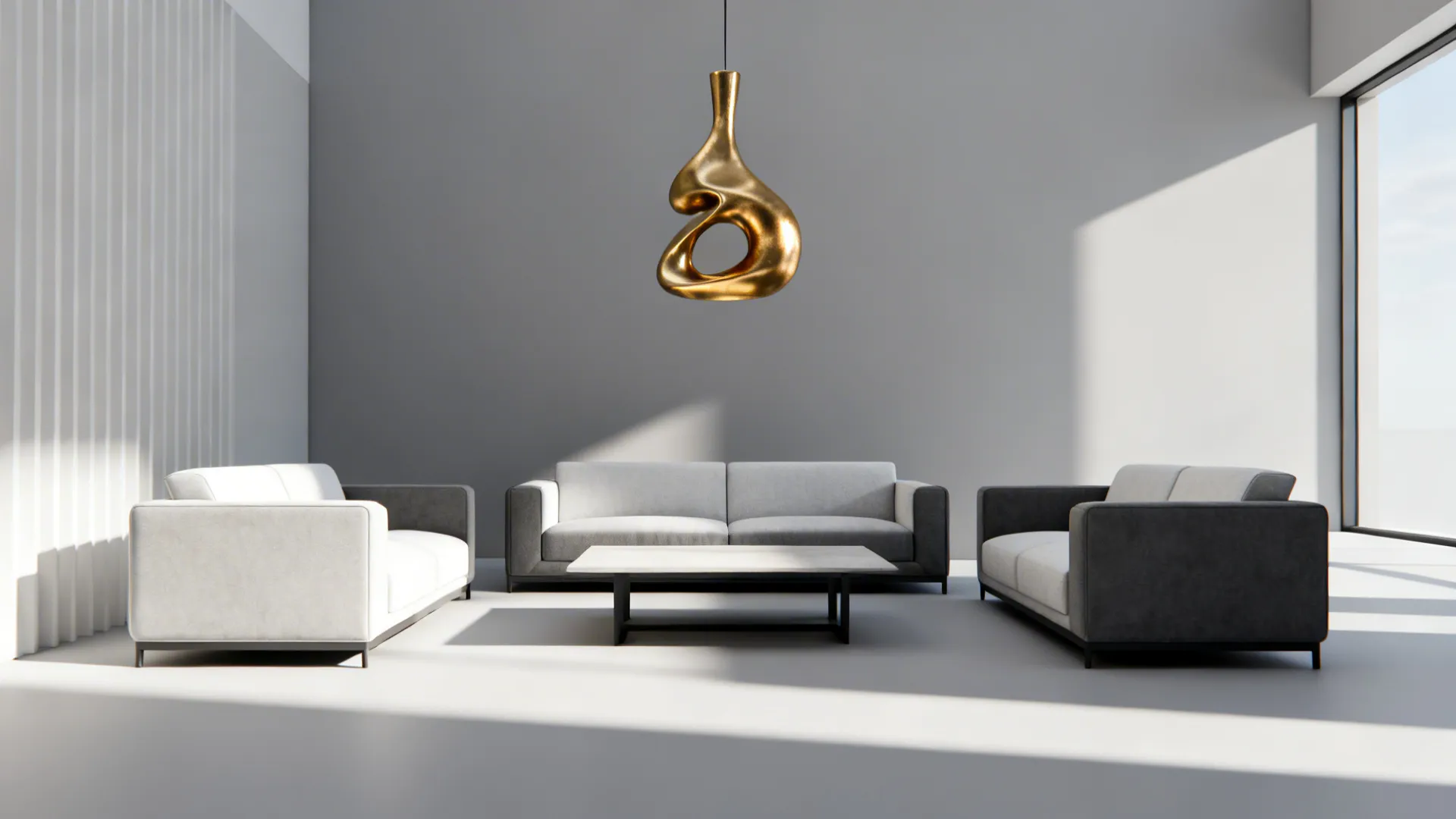 Monochrome gray and white living room with a sculptural gold pendant as focal point