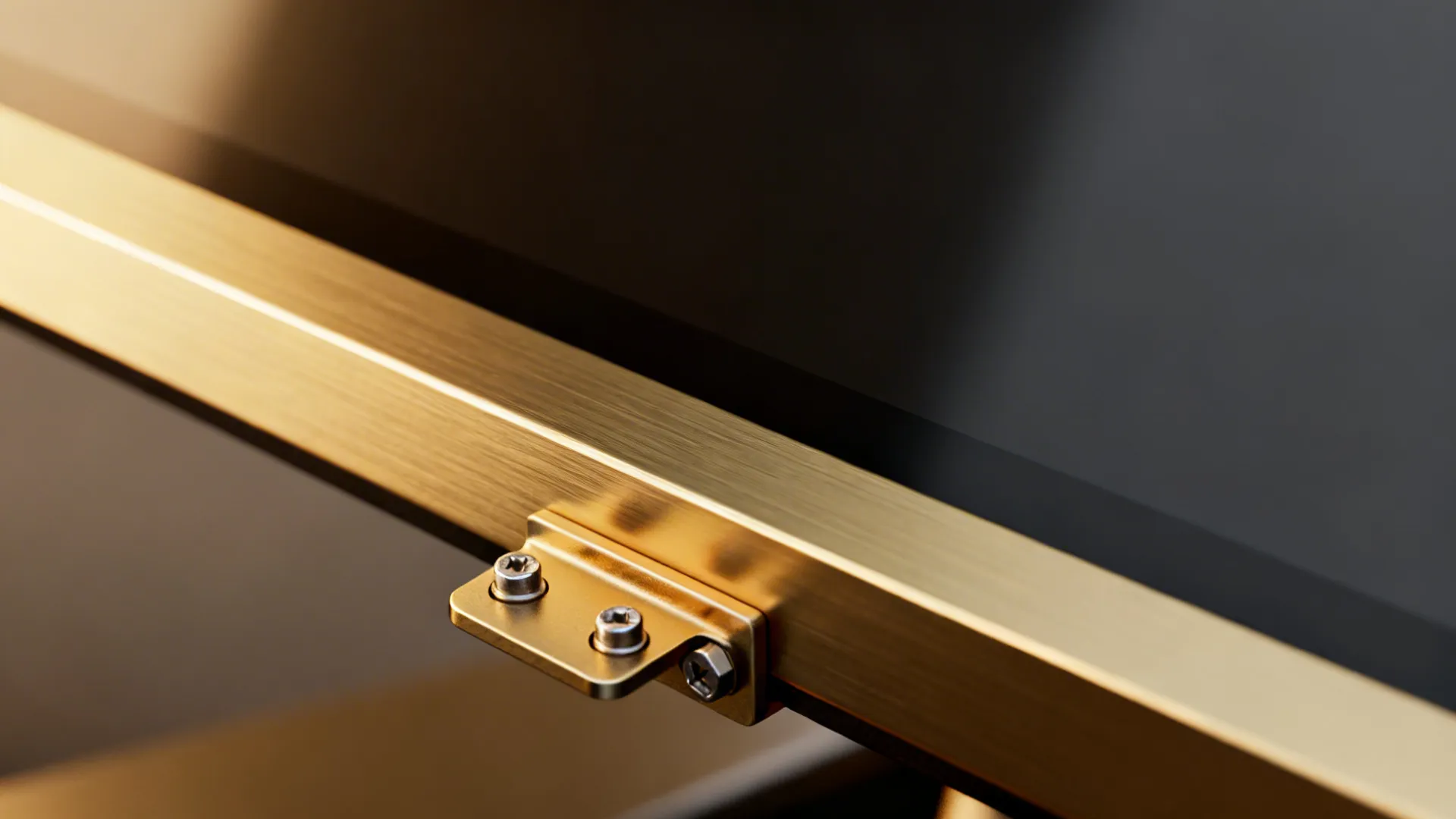 Close-up of a thin brushed gold mirror frame and mounting bracket showing finish and secure hardware.