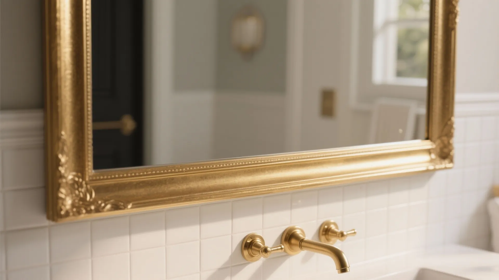 Close up of gold frame mirror above white wall tiles with a gold water tap