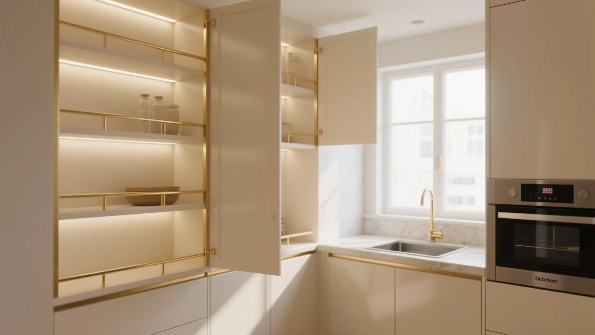 Open cream kitchen shelves with slim gold frames and LED lighting