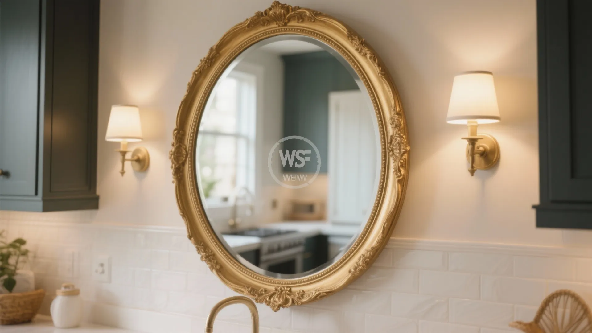 Elegant gold oval mirror on a white bathroom wall between two warm glowing wall lights