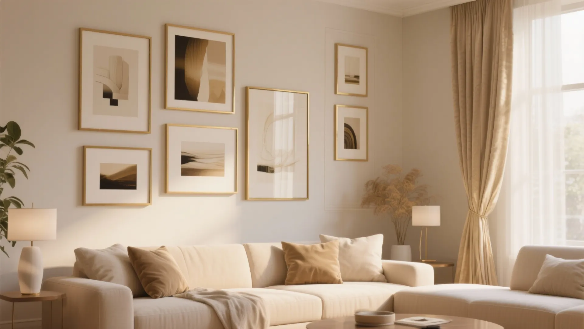 Modern living room with beige sofa gold framed art gallery wall and soft natural sunlight