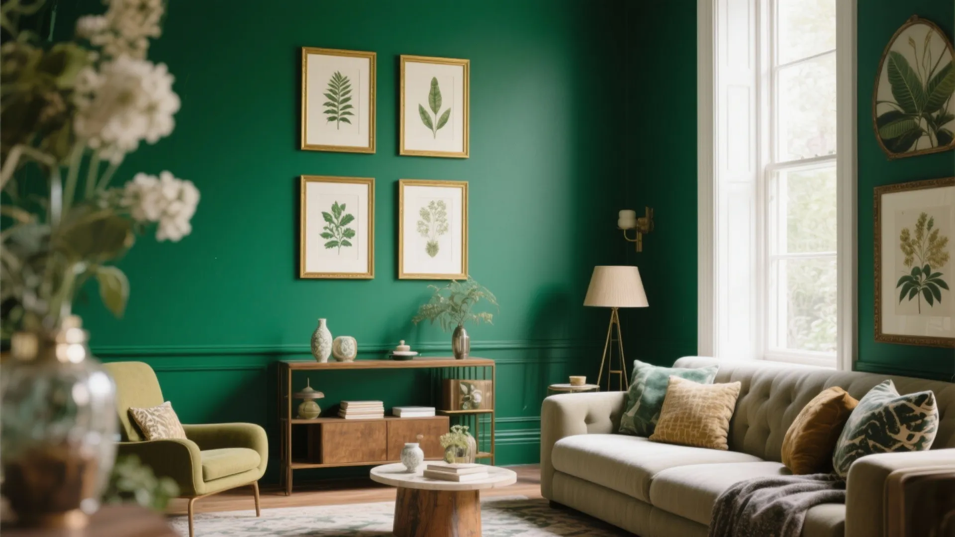 Green wall living room featuring four gold framed botanical prints above a wooden storage cabinet