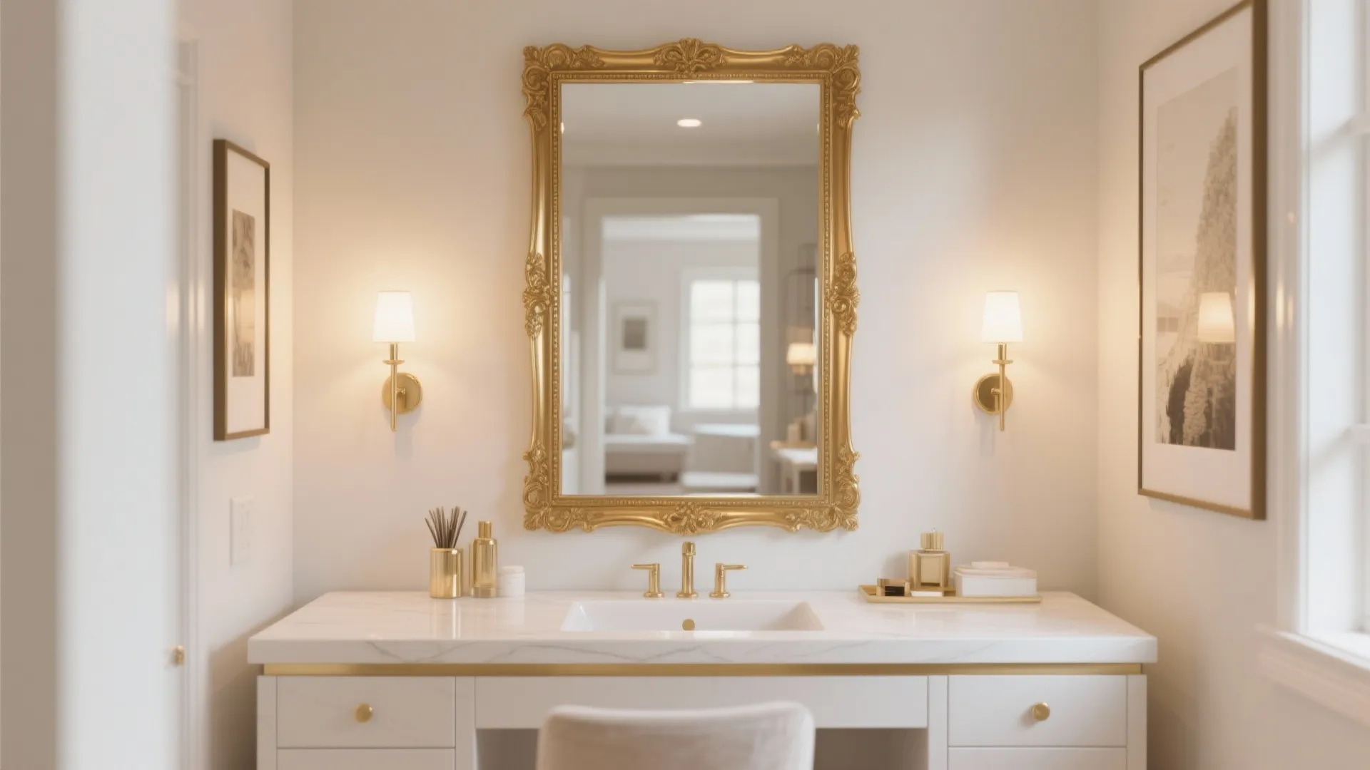 2. Gold-framed mirror as the focal point