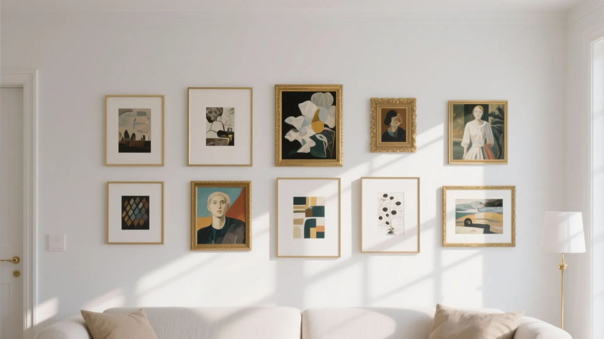 6. Gold Art Frames on a White Gallery Wall