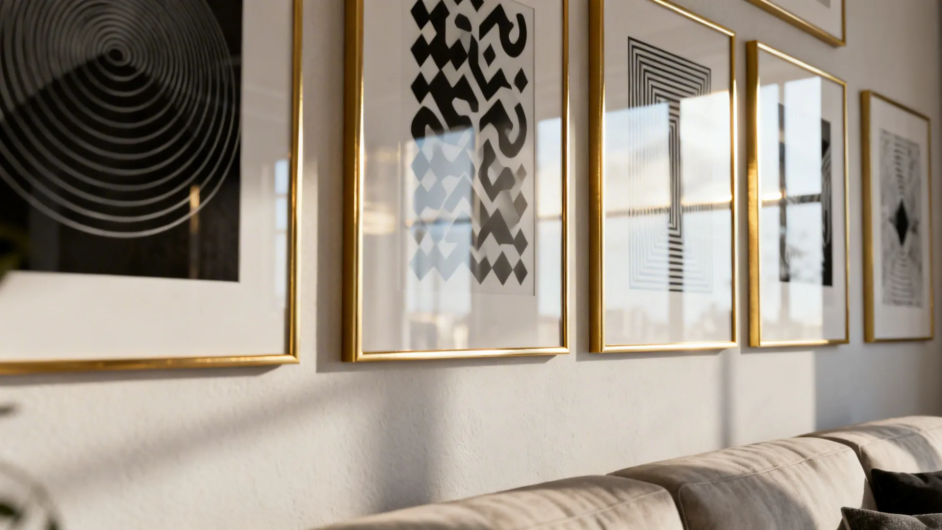 Gallery-style black-and-white prints in thin gold frames grouped above a sofa.
