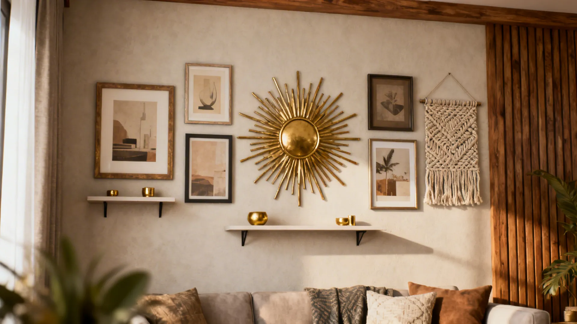 Mixed-media gallery wall anchored by a gold sunburst piece, combining prints and textiles in a small living room