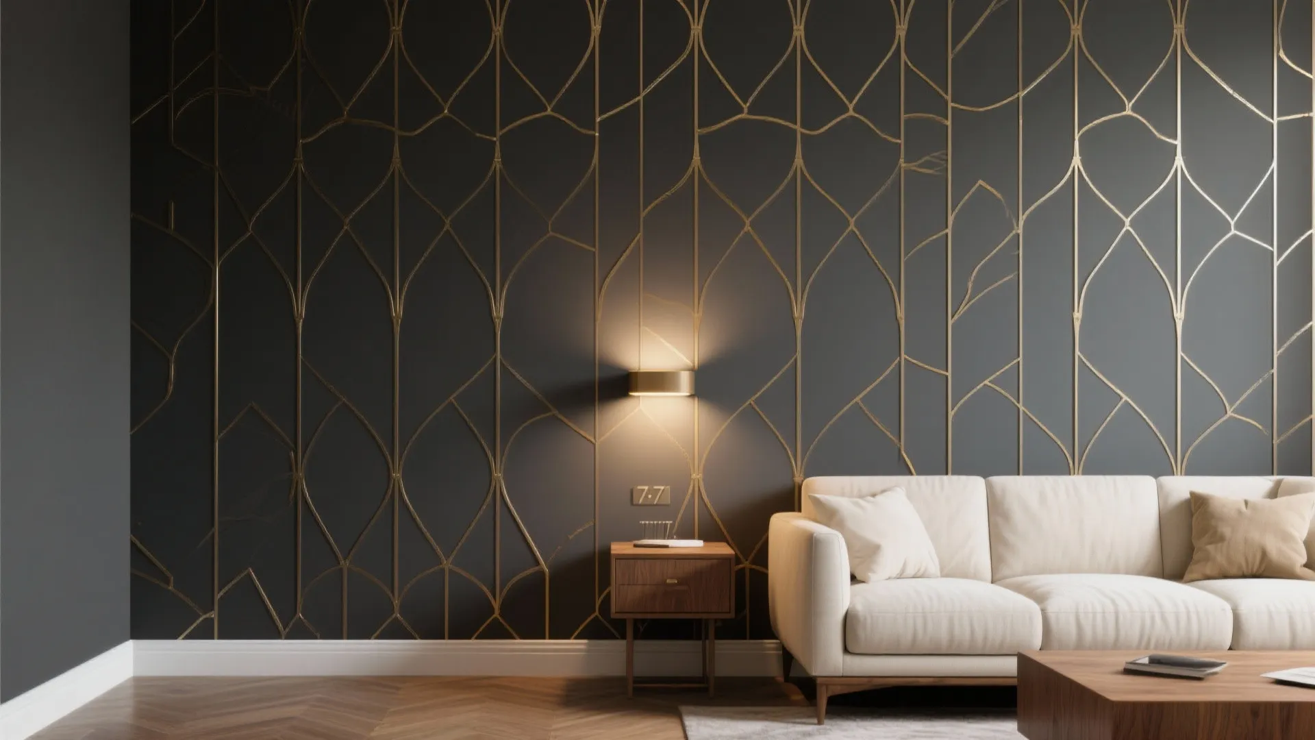 Gold geometric wallpaper + warm lighting