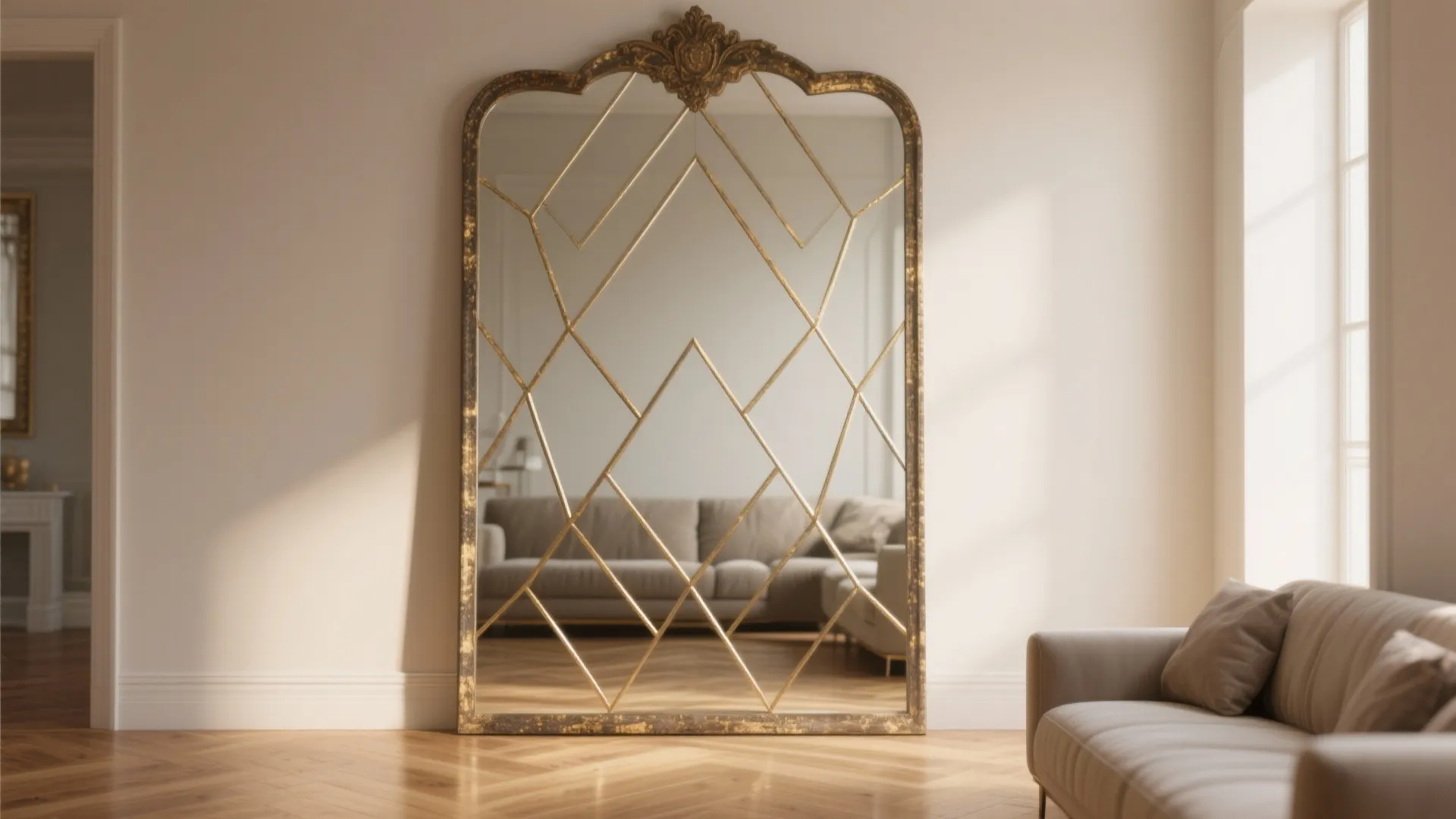 Full-length antique mirror with thin gold-leaf chevrons and elongated hexagon lines reflecting a small living room.