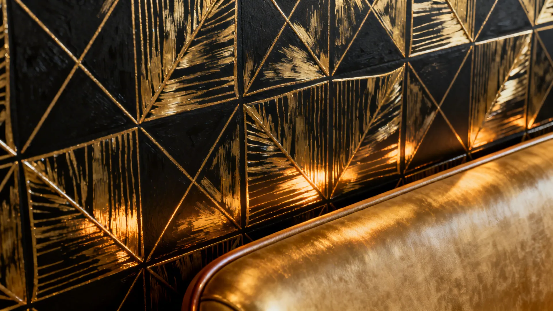 Black accent wall with hand-painted gold geometric pattern and visible metallic texture.