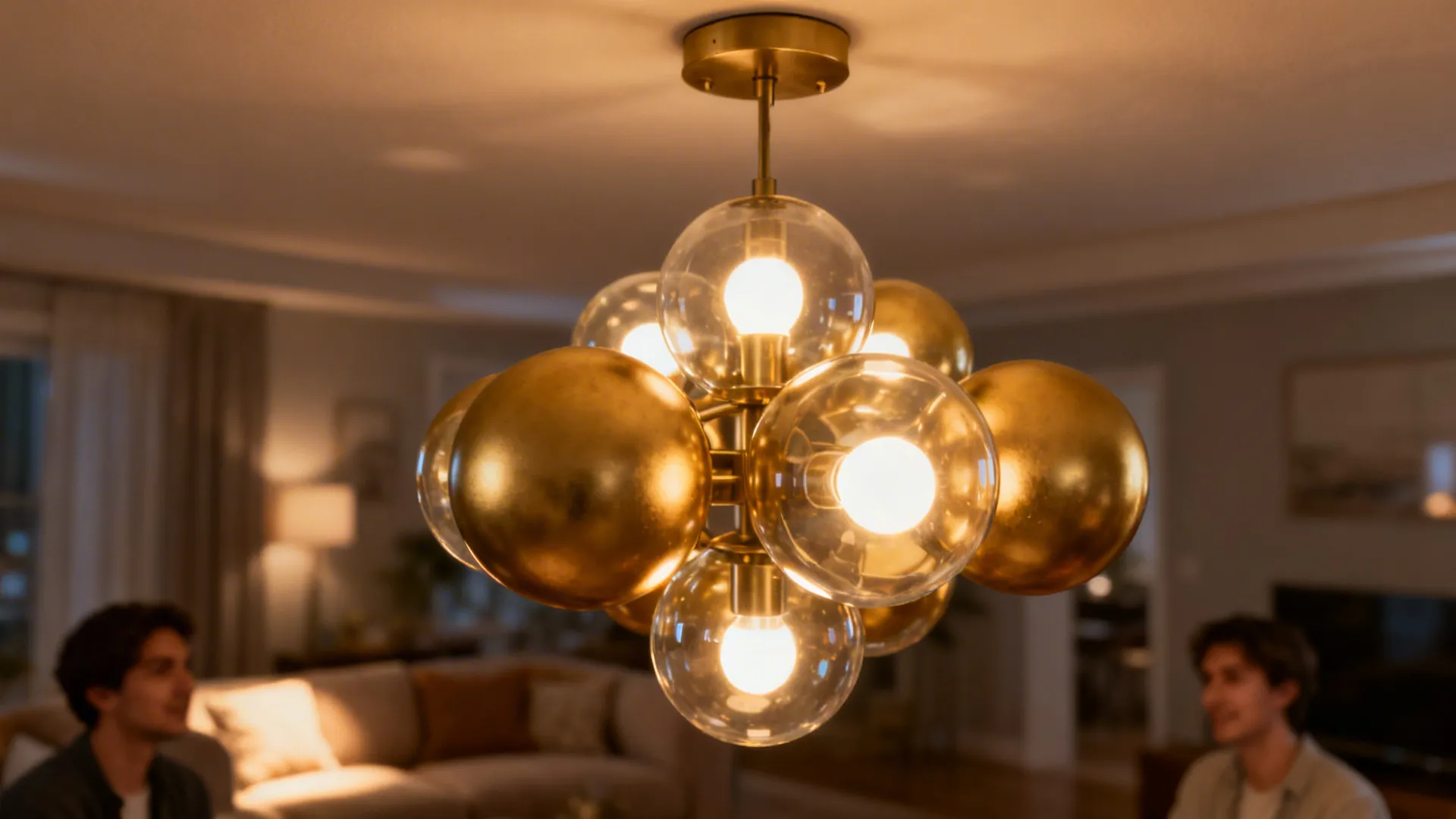 Compact matte gold globe cluster chandelier casting warm, diffused light in a low-ceiling living room.