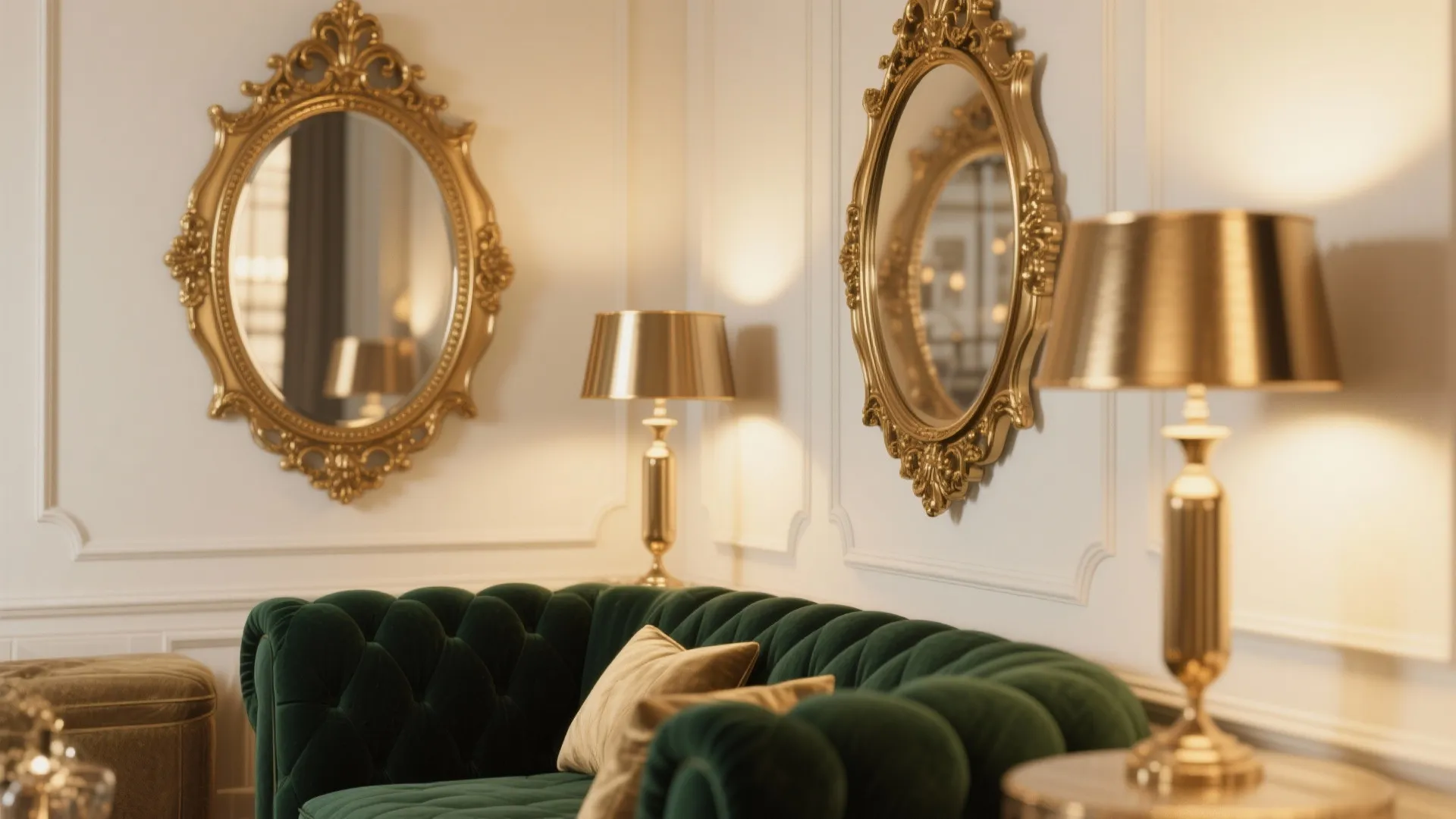 Gold accents around a dark green sofa in warm light