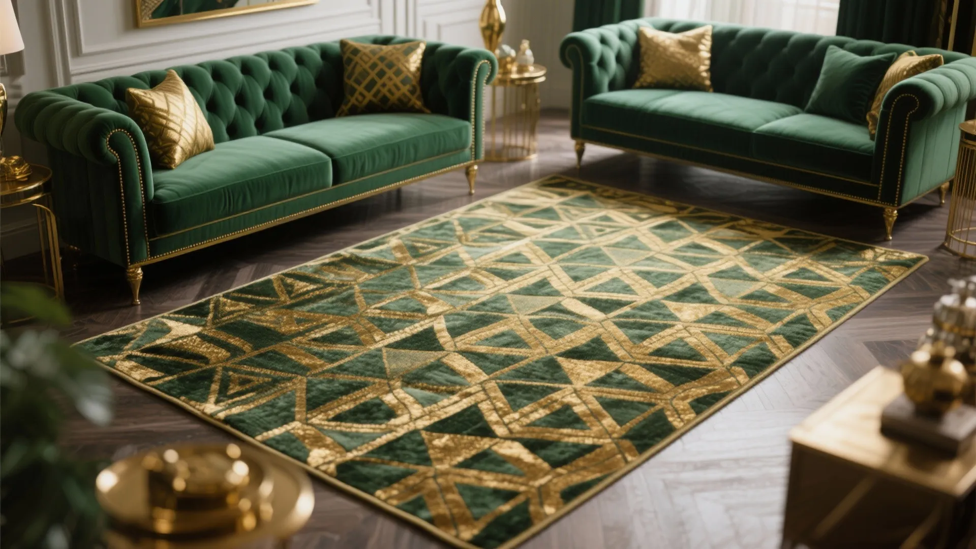 Luxury living room featuring green sofas and gold geometric pattern rug with dark wood flooring