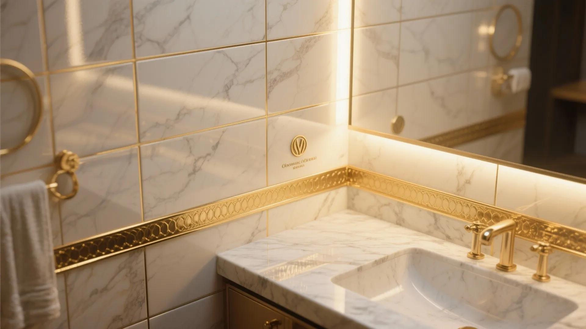 Luxury bathroom detail showing white marble wall tiles with gold trim gold faucet and mirror