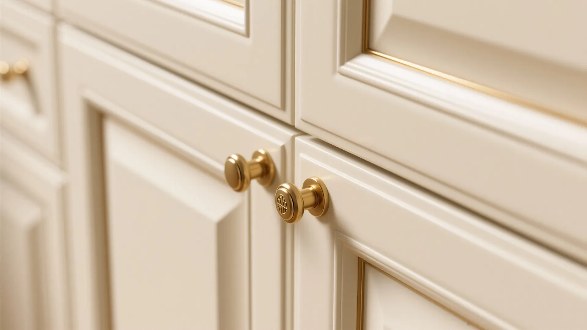 Close-up of brushed gold handles on cream kitchen cabinets